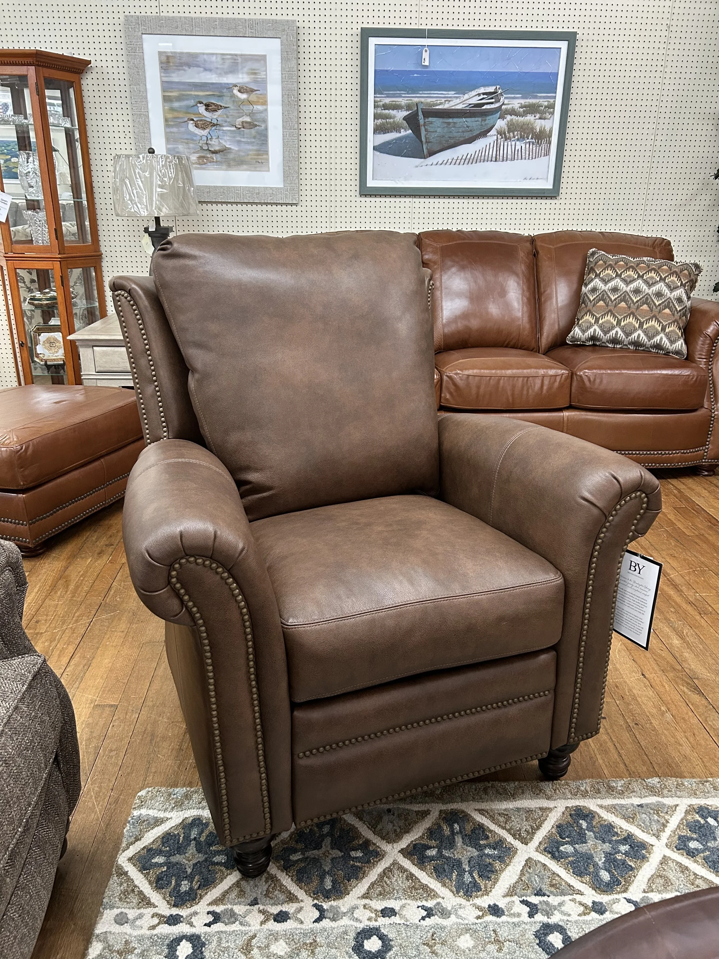 Bradington Young high leg Richardson press-back brown leather recliner