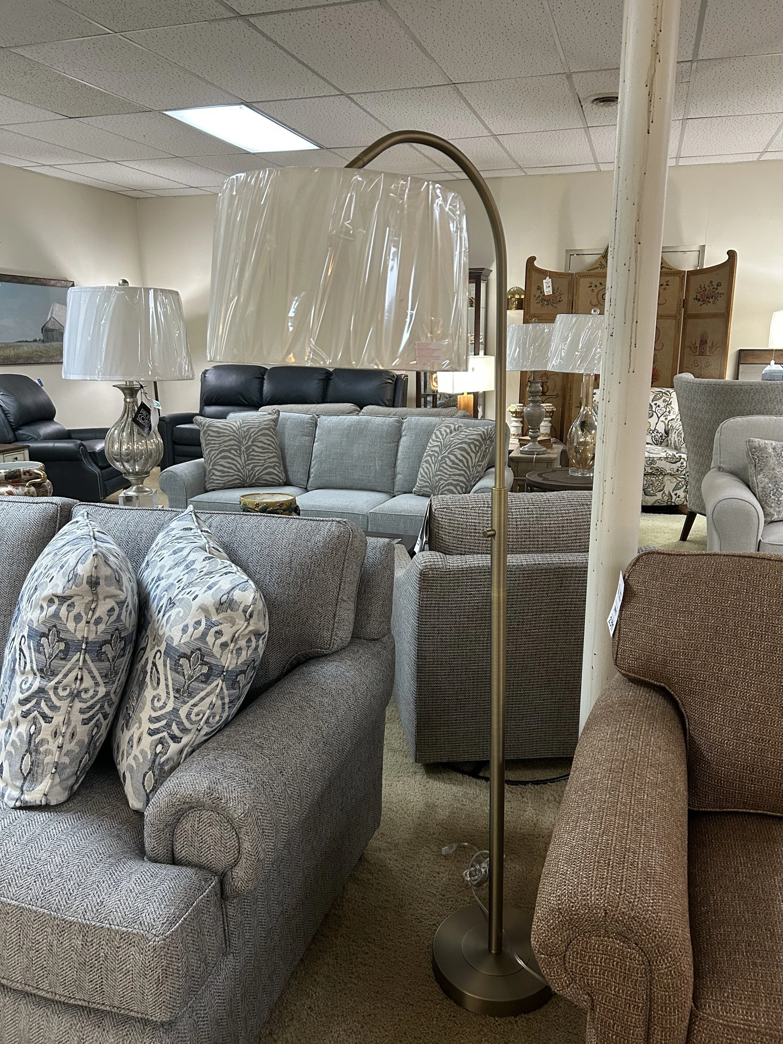 Various sofas and lamps in a furniture store showroom.