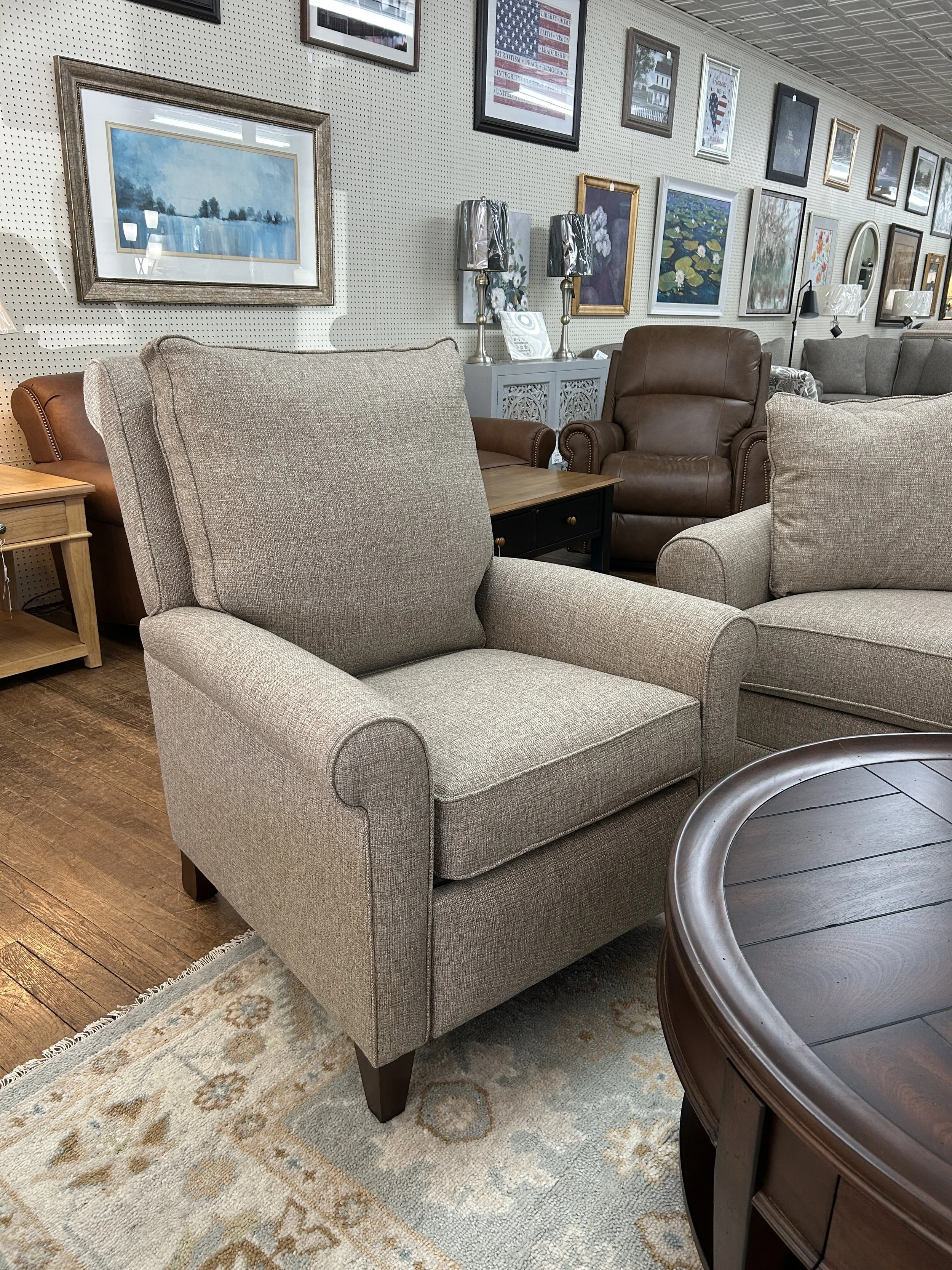 King Hickory - 427-R Danica press-back reclining chair in Smartfab Greige performance fabric