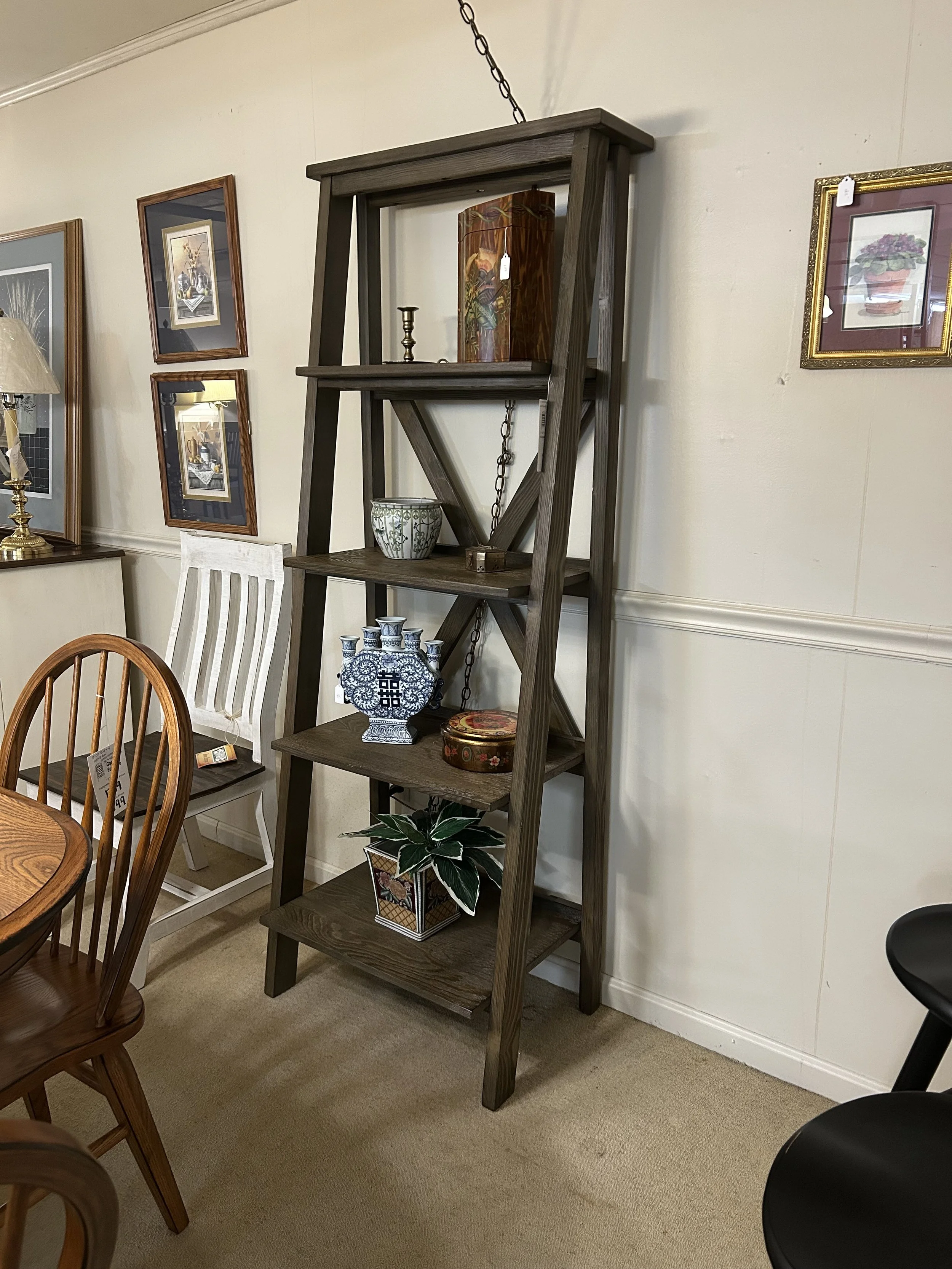 Kincaid - 72" high etagere in driftwood finish on Norwegian spruce from the Foundry collection