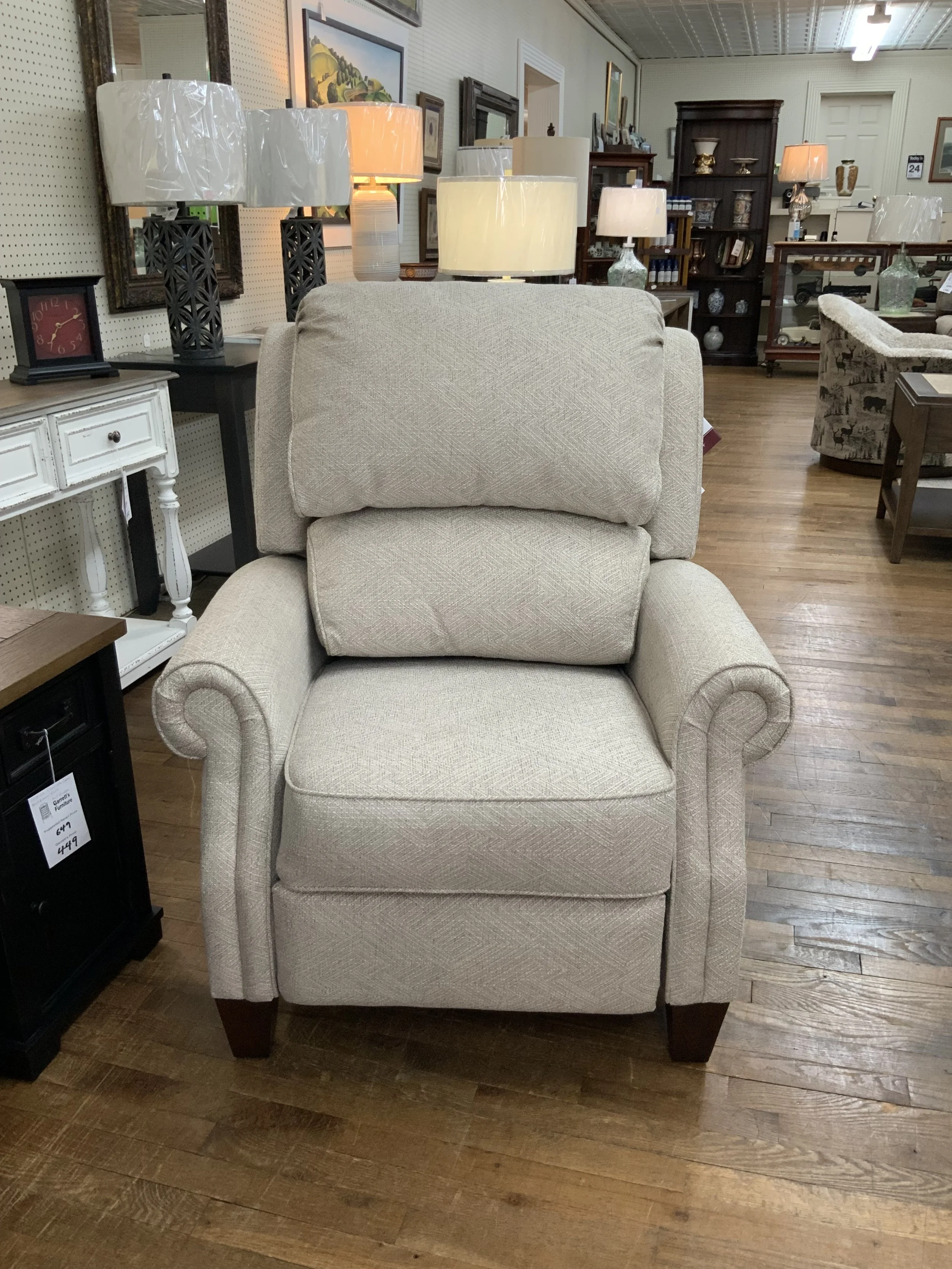 High leg press-back reclining chair in cream colored fabric by LaZBoy