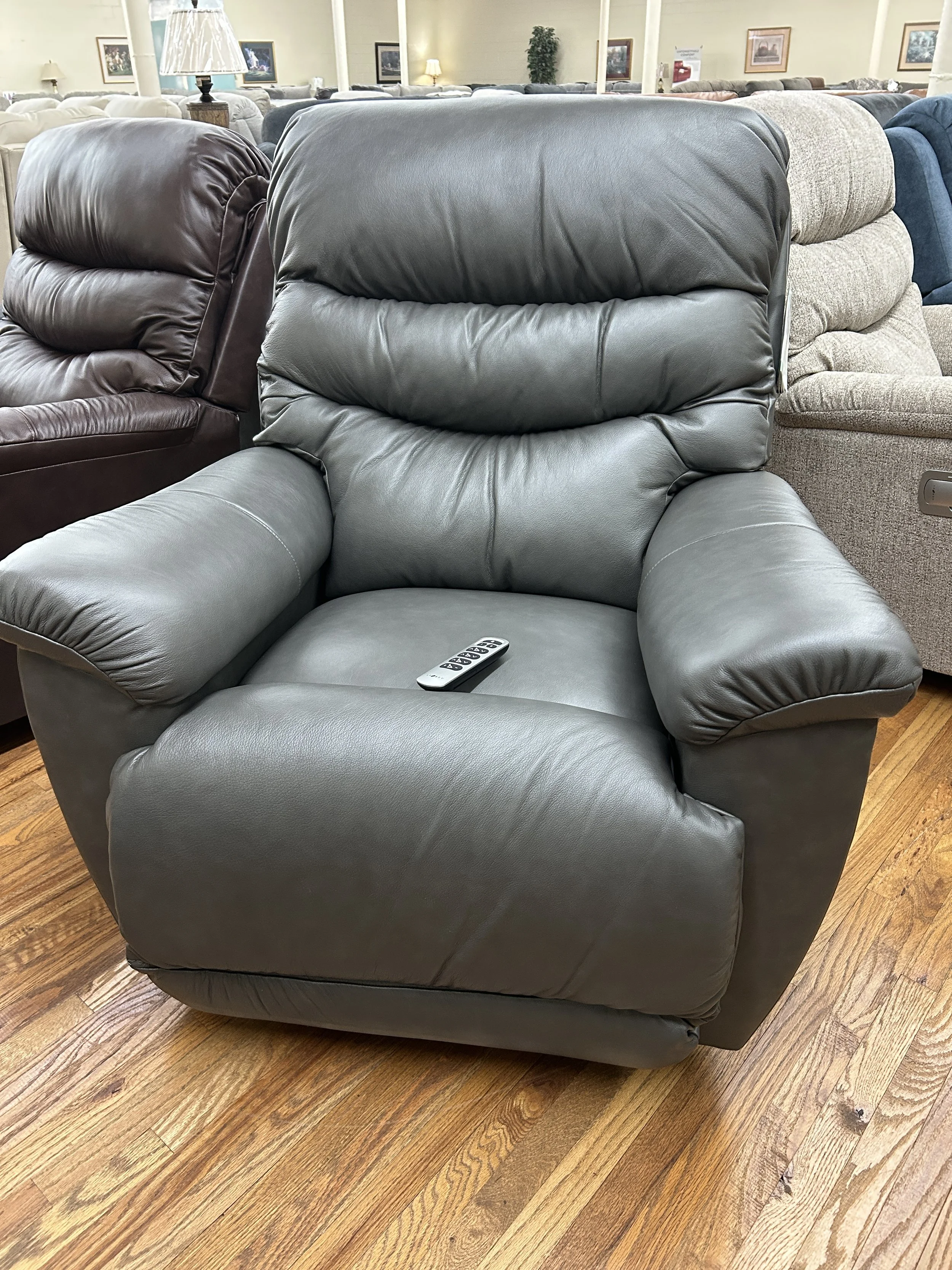 LaZBoy - wall-away Joshua power recliner with power headrest and lumbar in grey leather