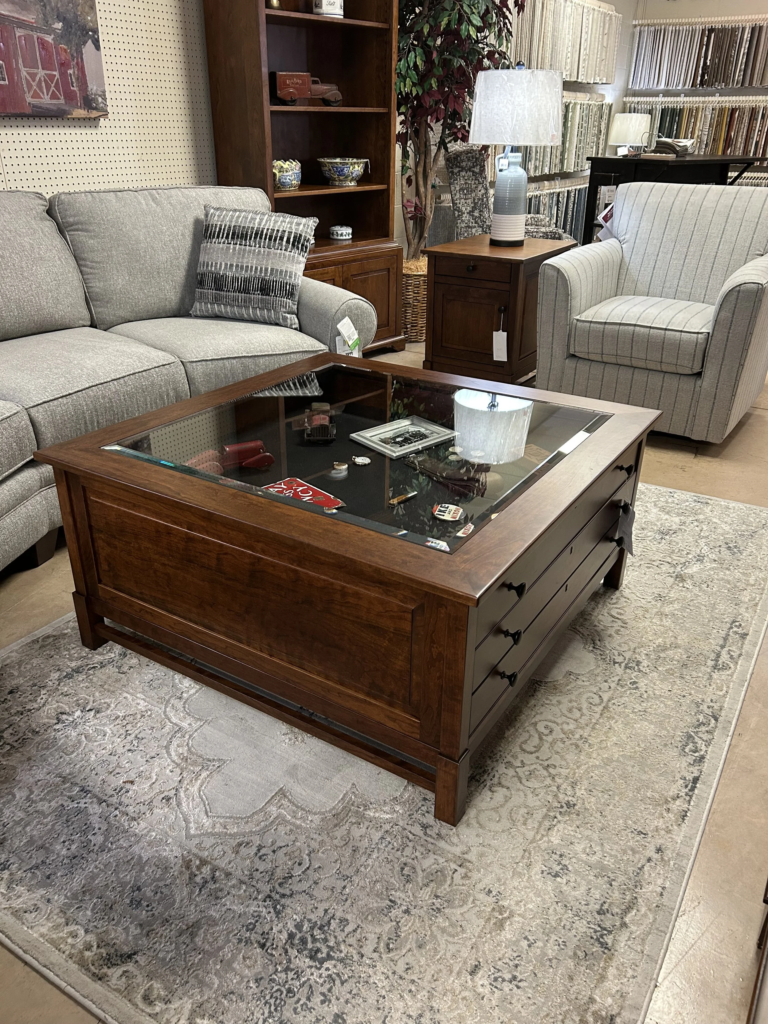 Bob Timberlake American Home - 42” square solid cherry glass-top two-drawer display coffee table in vintage stain