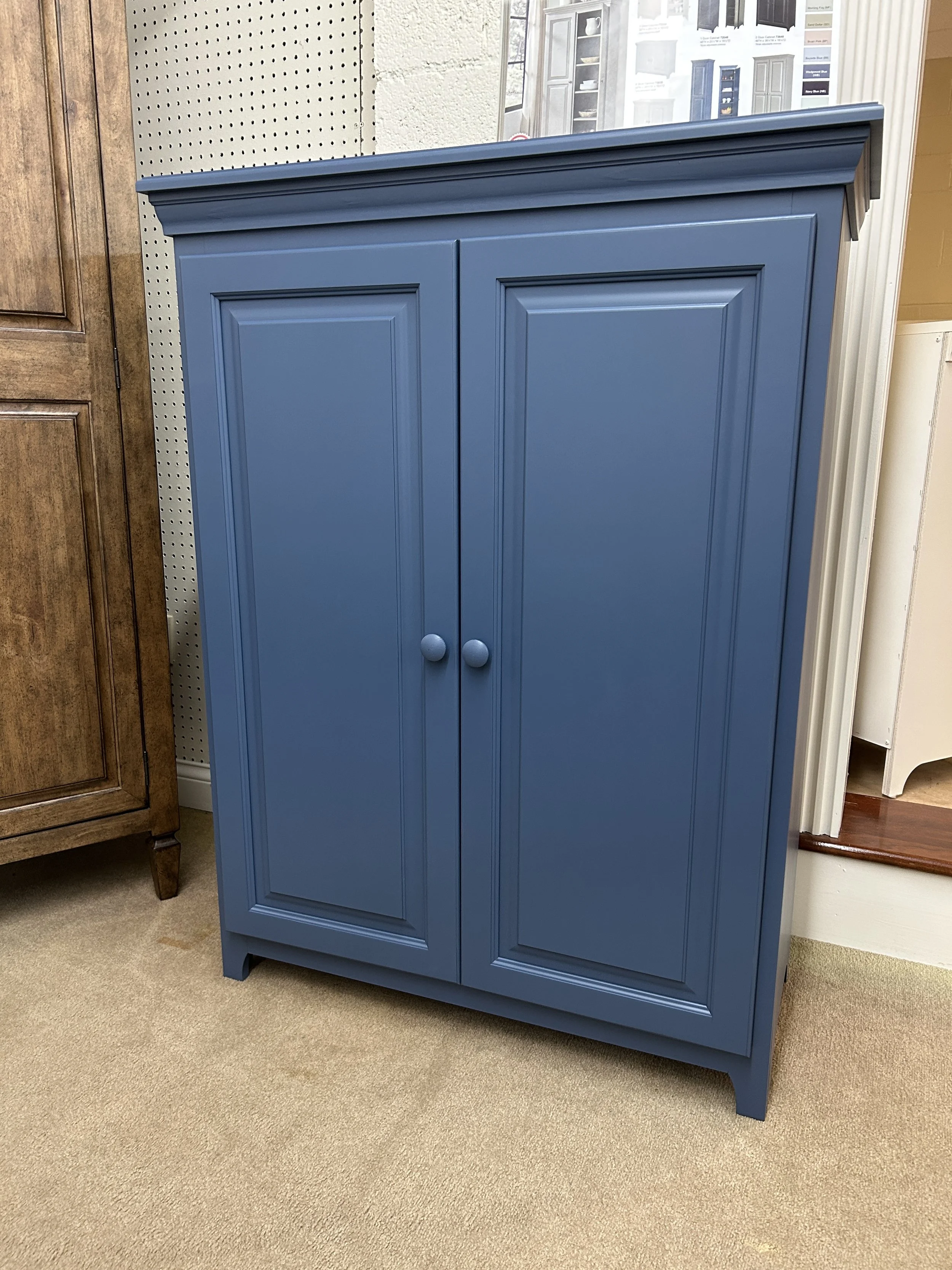 48” two door jelly cabinet in Wedgwood blue on clean pine - by Archbold 