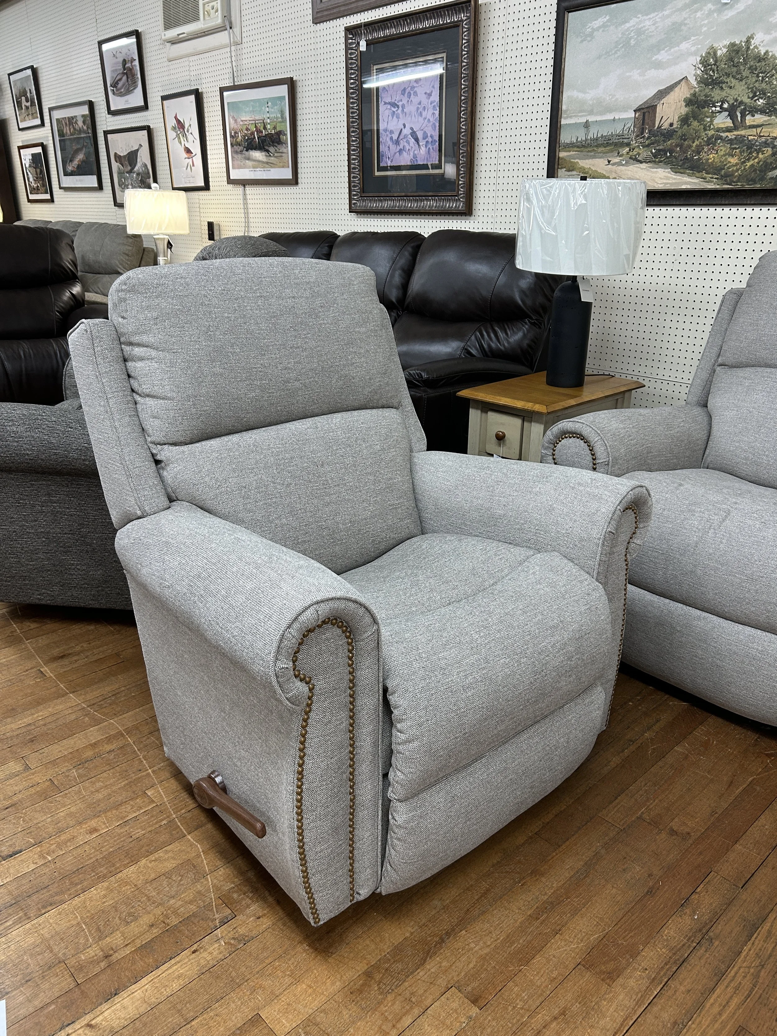 LaZBoy - Dutton manual rocker recliner in mushroom warm grey fabric with nailheads
