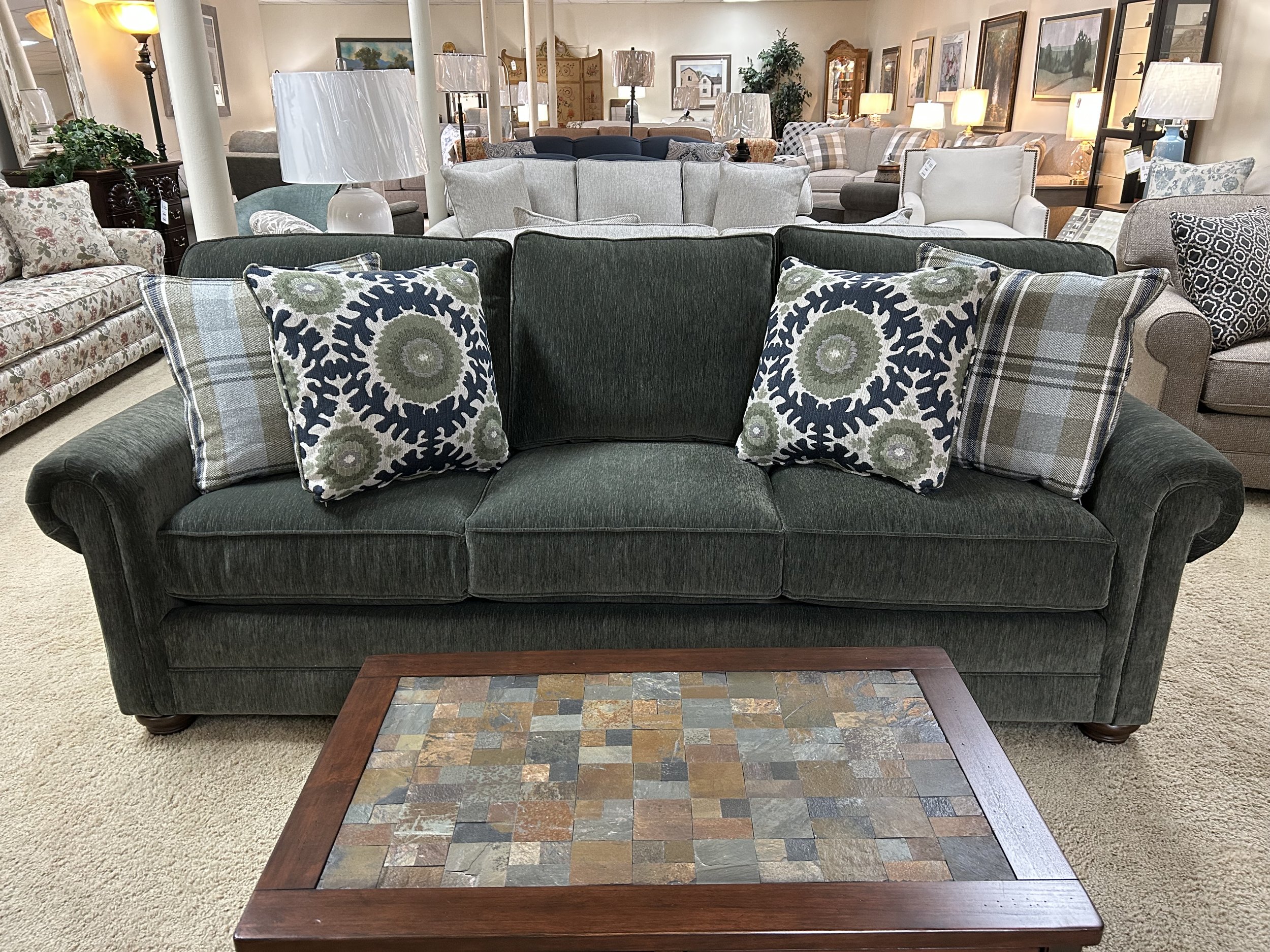 King Hickory - Large Bentley sofa 91" wide) with loose back cushions in Carmen Moss green fabric