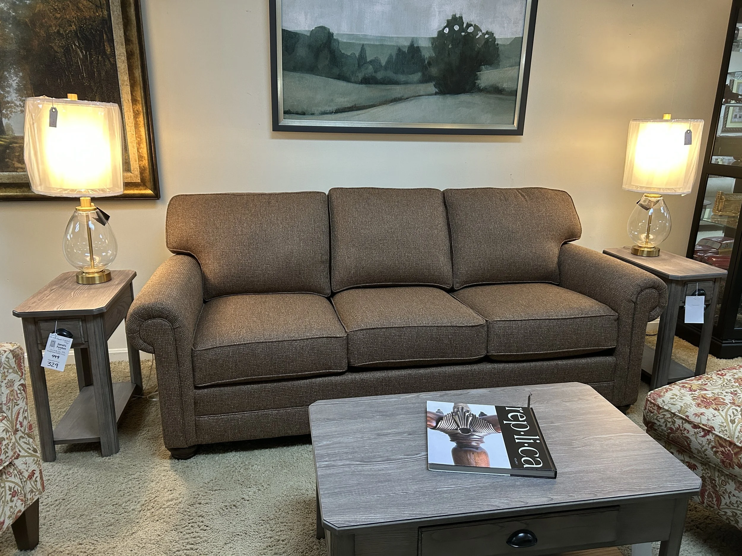King Hickory - Bentley sofa in Bromance Amber performance fabric with extra-firm Duro Comfort cushions