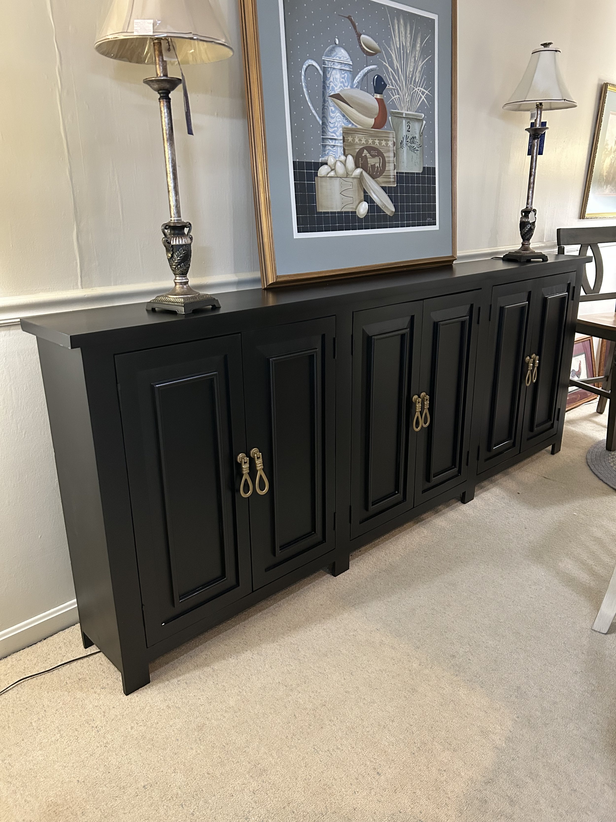 6-drawer 94" long narrow entertainment console in black finish on solid wood by Million Dollar Rustic (W: 94" x H: 37" x D: 11")