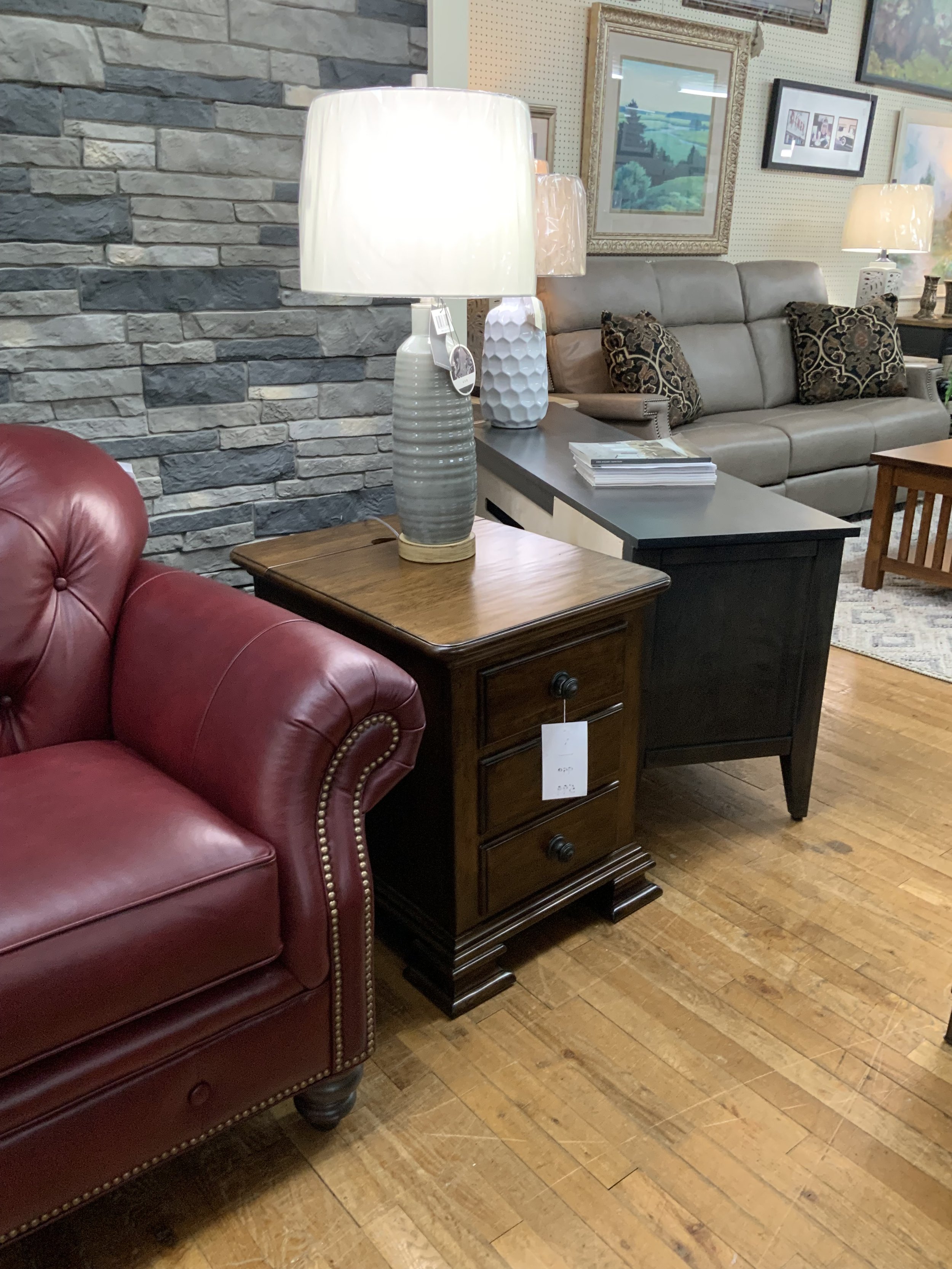 Chairside table with hidden electric outlet in solid Alder from the Portolone Collection by Kincaid. W: 20“ x D: 26“ x H: 25“