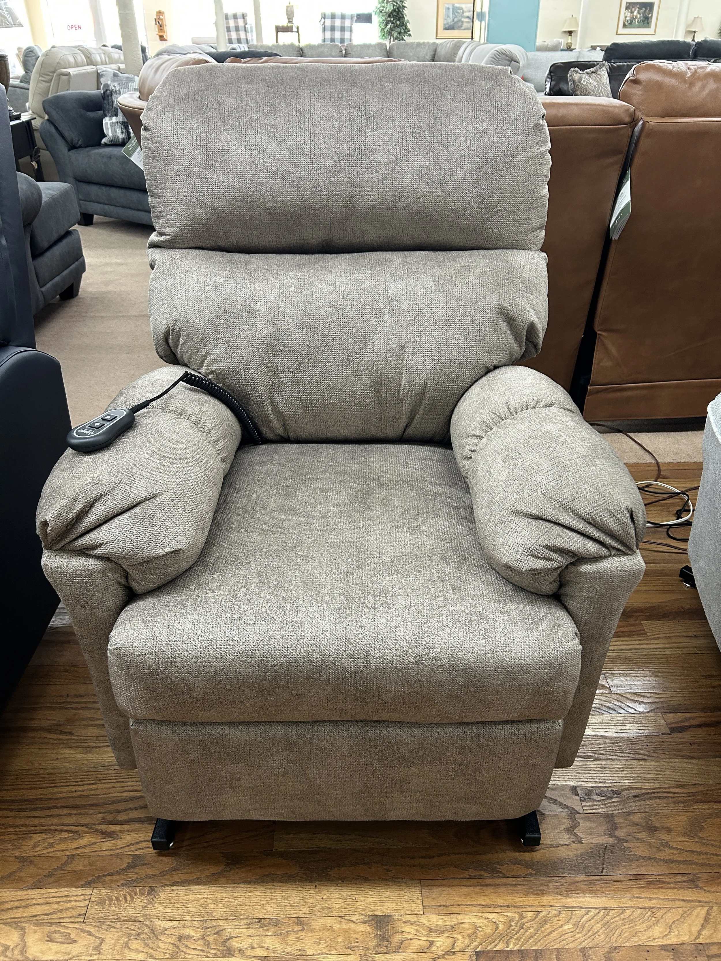 Best “Balmore” - small power lift recliner in desert beige fabric.  Rated for 350 lbs.