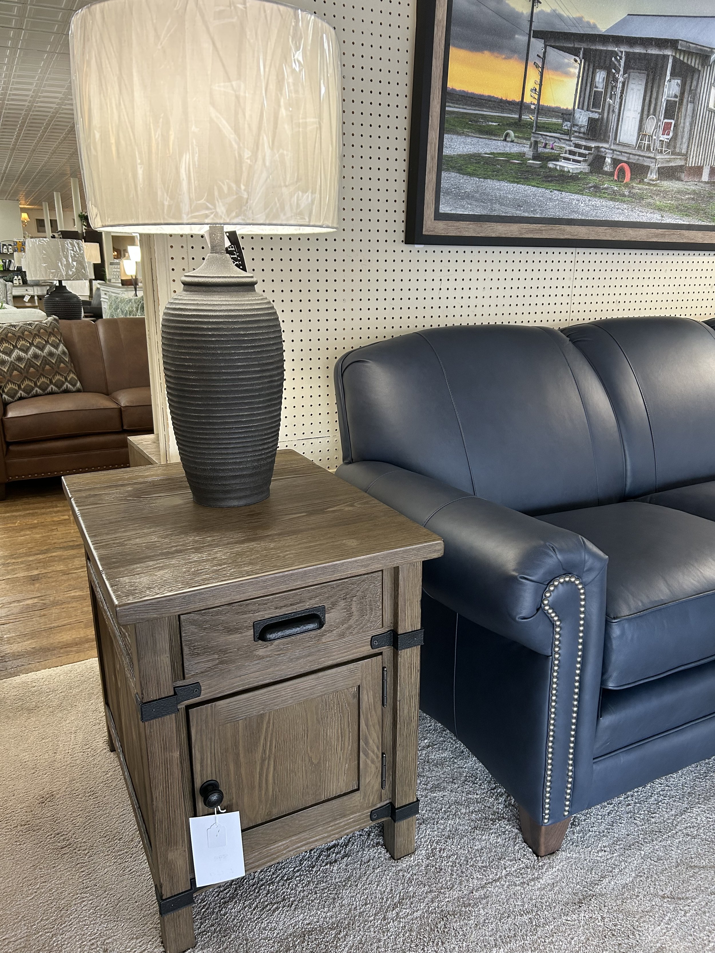 Kincaid - chair side table (with power outlet) in driftwood finish on Norwegian spruce from the Foundry collection