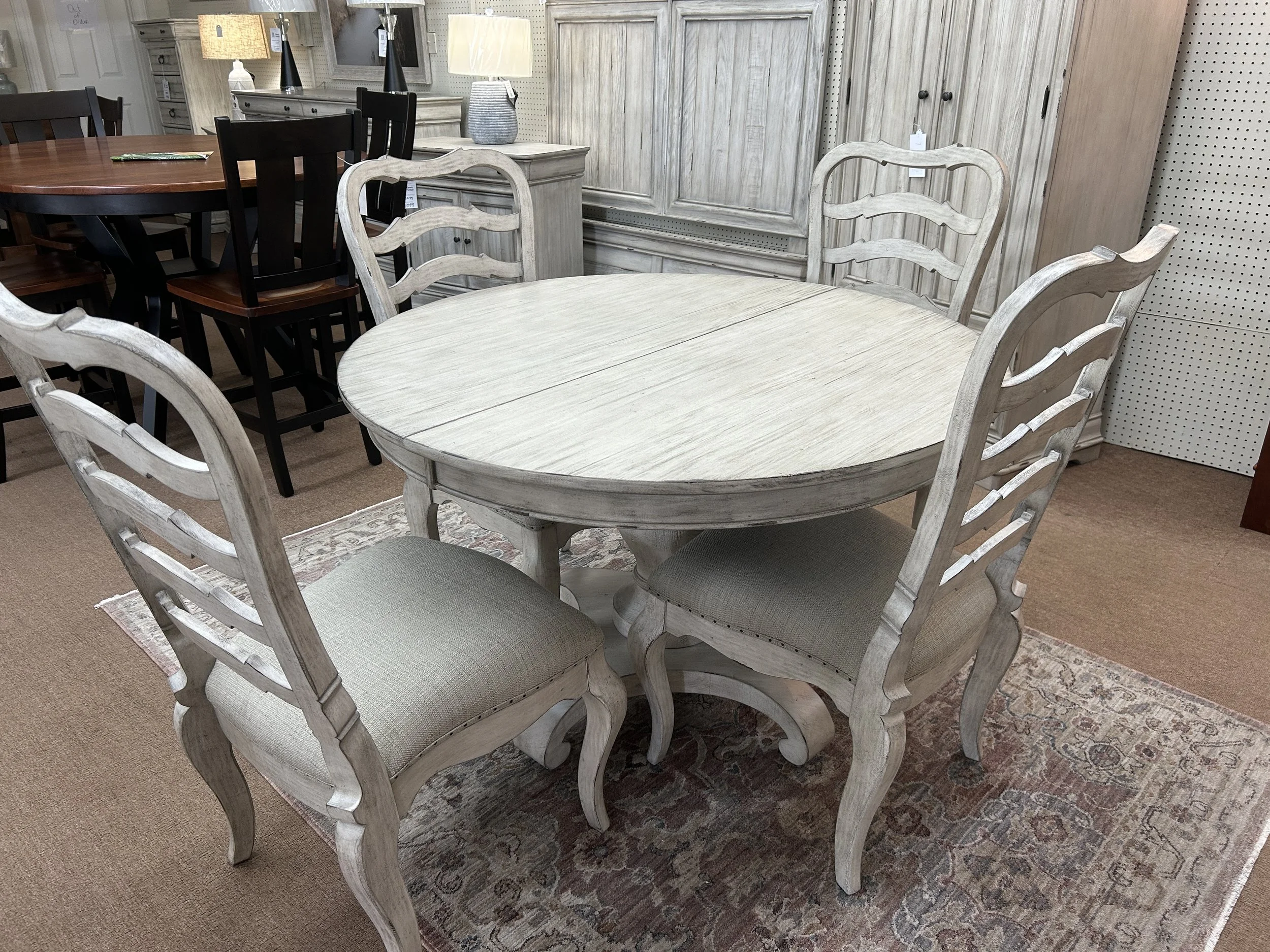 Selwyn Collection by Kincaid: 48" round Lloyd pedestal dining table in cottage white finish on solid Poplar with one 18" leaf and four ladder-back side chairs