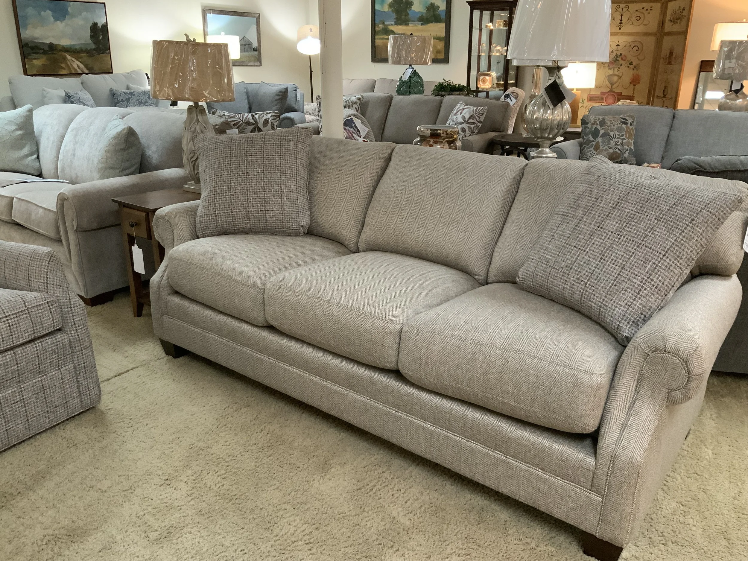 King Hickory - Jordan 86” sofa with recessed arm and welt-less cushions in Albion Brindle performance fabric
