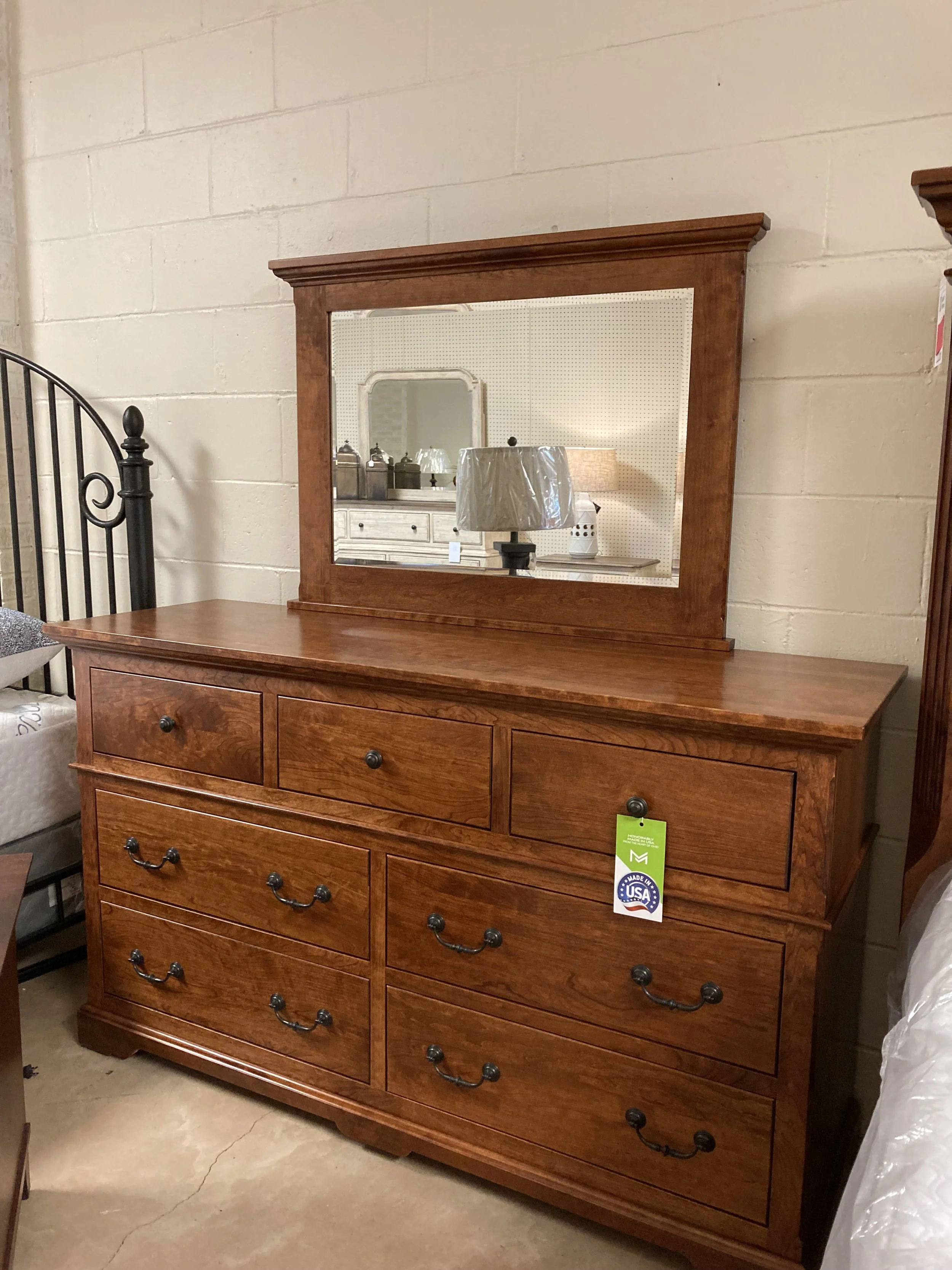 Mavin - Longmeadow Collection - Amish-made dresser & mirror in solid Rustic Cherry with Michaels stain