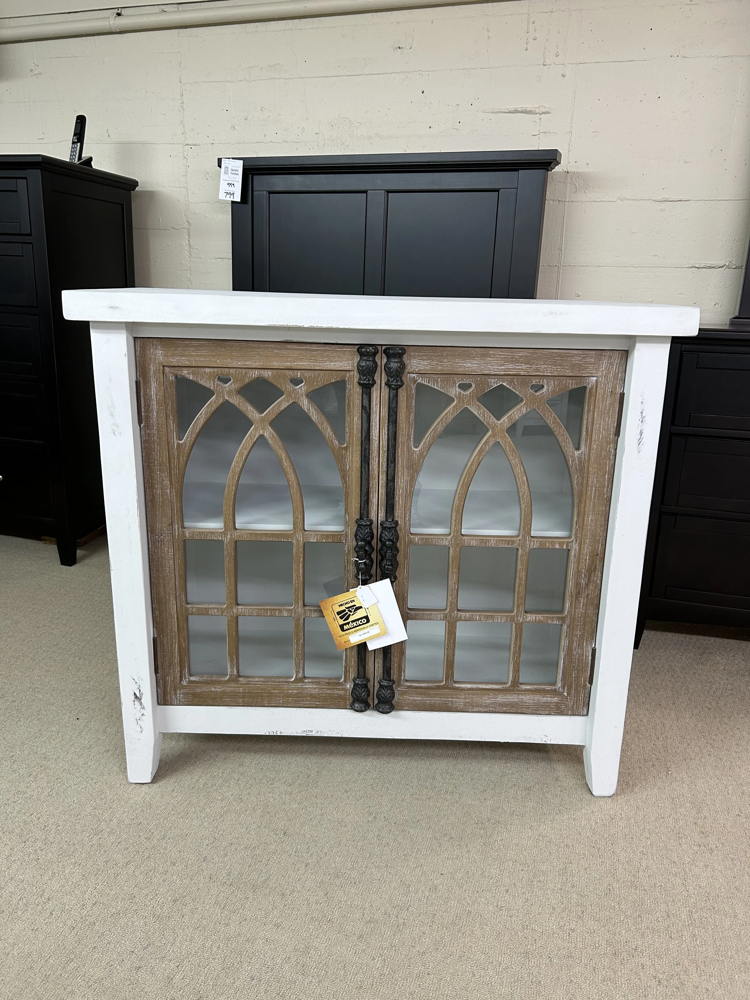 Cathedral two-door console (W: 39" x H: 40" x D: 16") in two-tone finish on solid hardwood: Nero white & cabernet with metal hardware and glass (by Million Dollar Rustic)