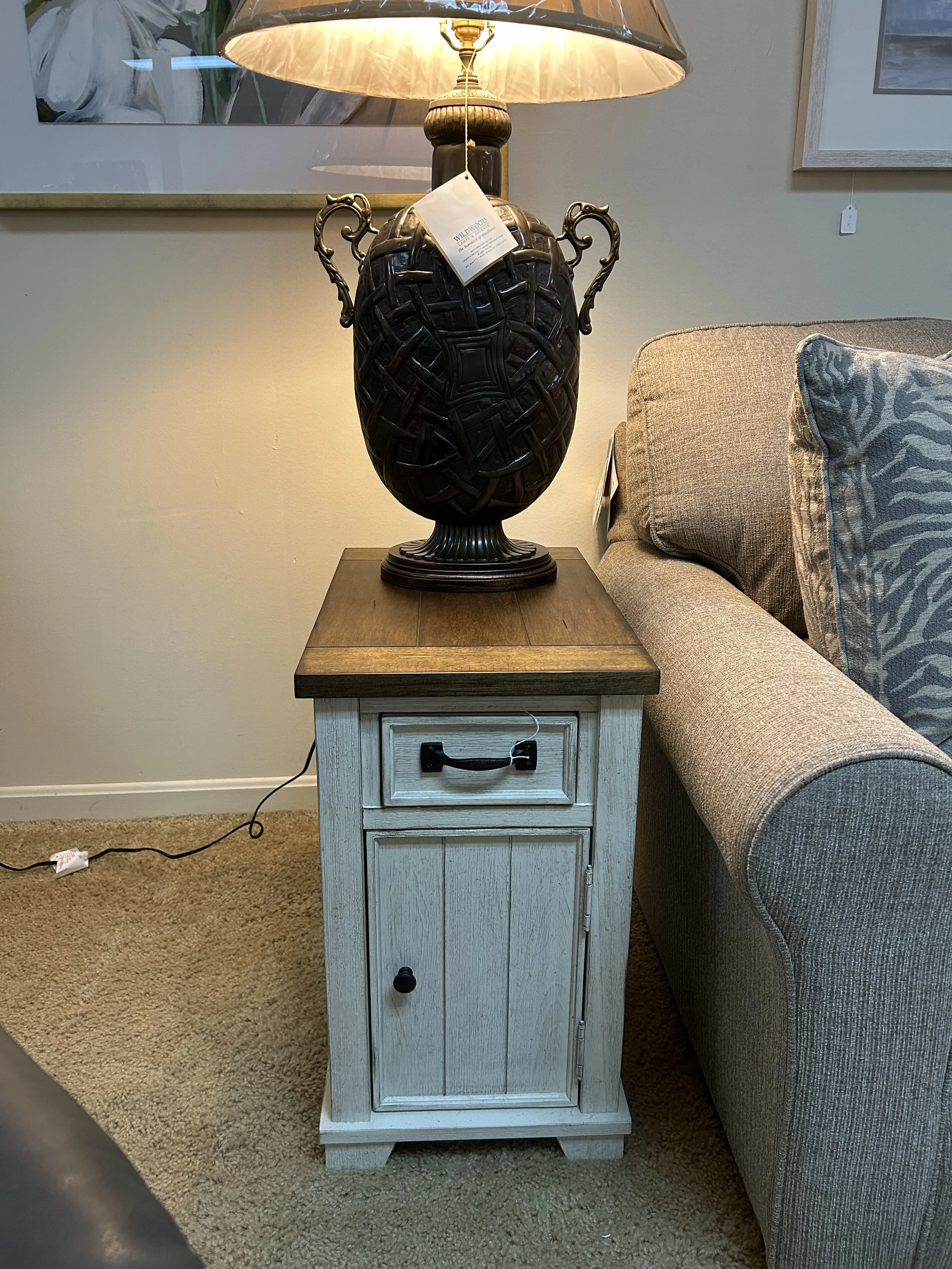Chairside cabinet in white and pecan finish