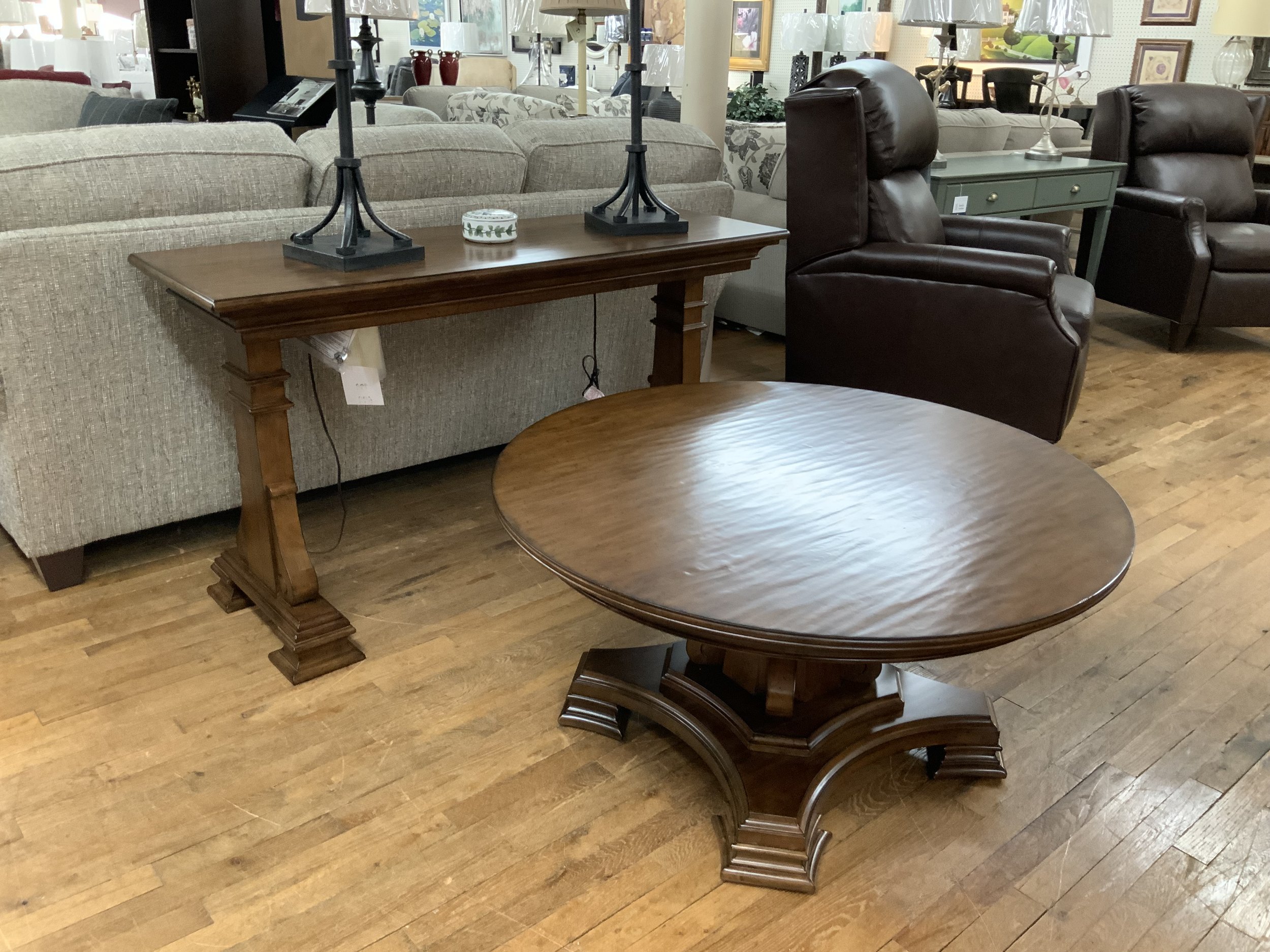 Portolone Collection by Kincaid. Solid Alder 40“ round coffee table and 54“ sofa table