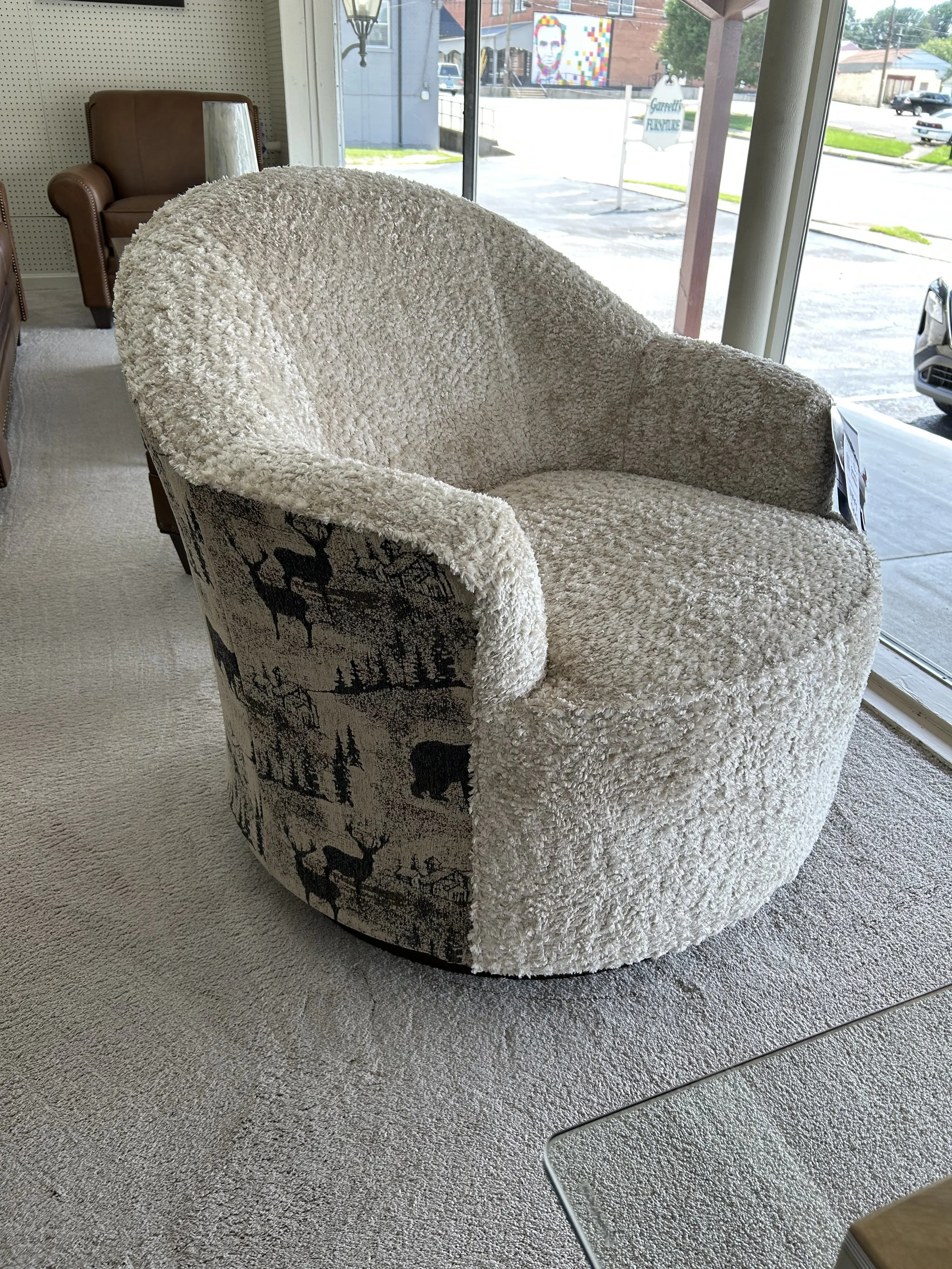 Field and Stream: Barrel swivel chair in rustic nature print with flocked seat by Best HF