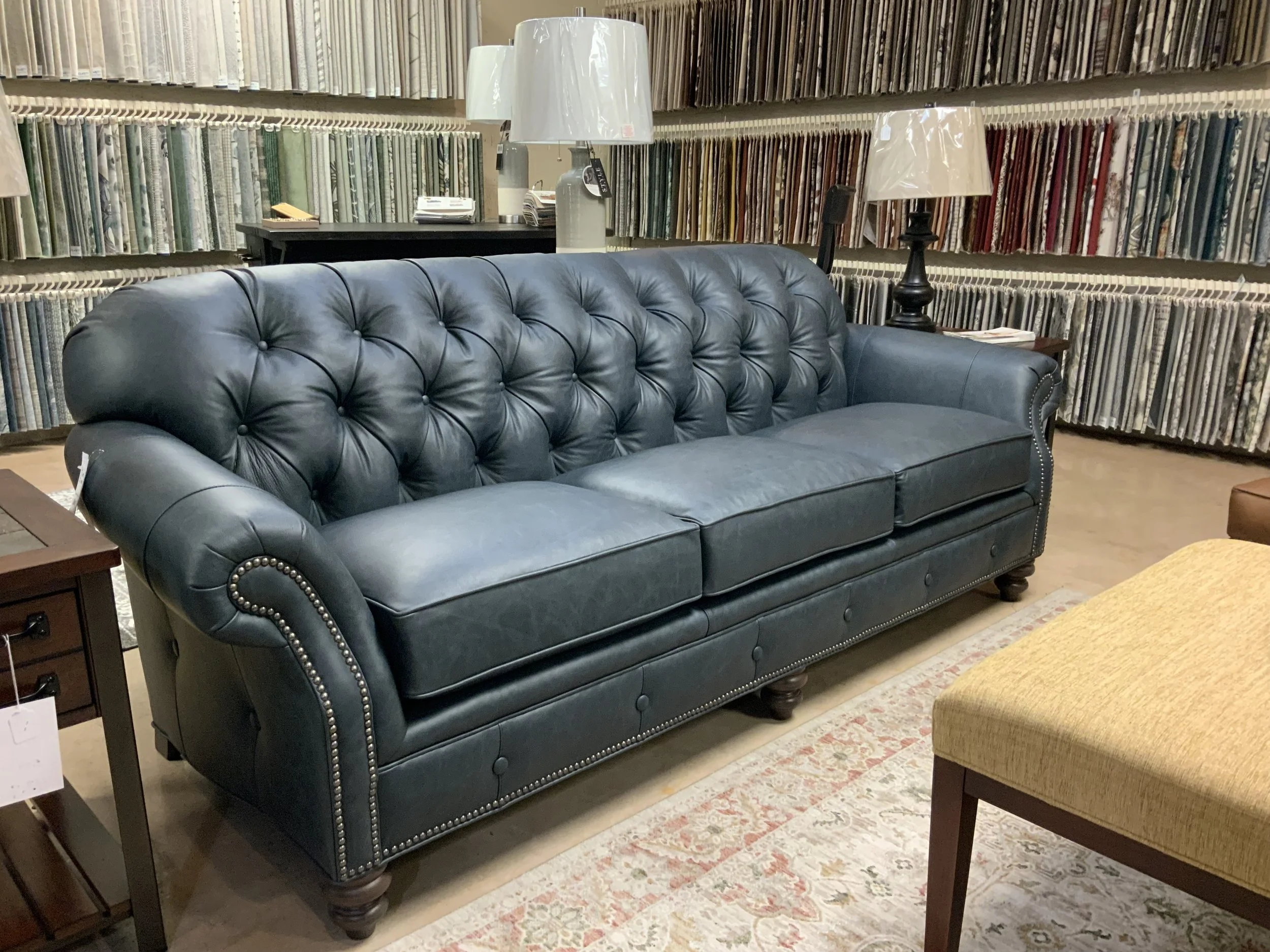 Smith Brothers tufted leather 91“ sofa in navy   blue top-grain all over leather 