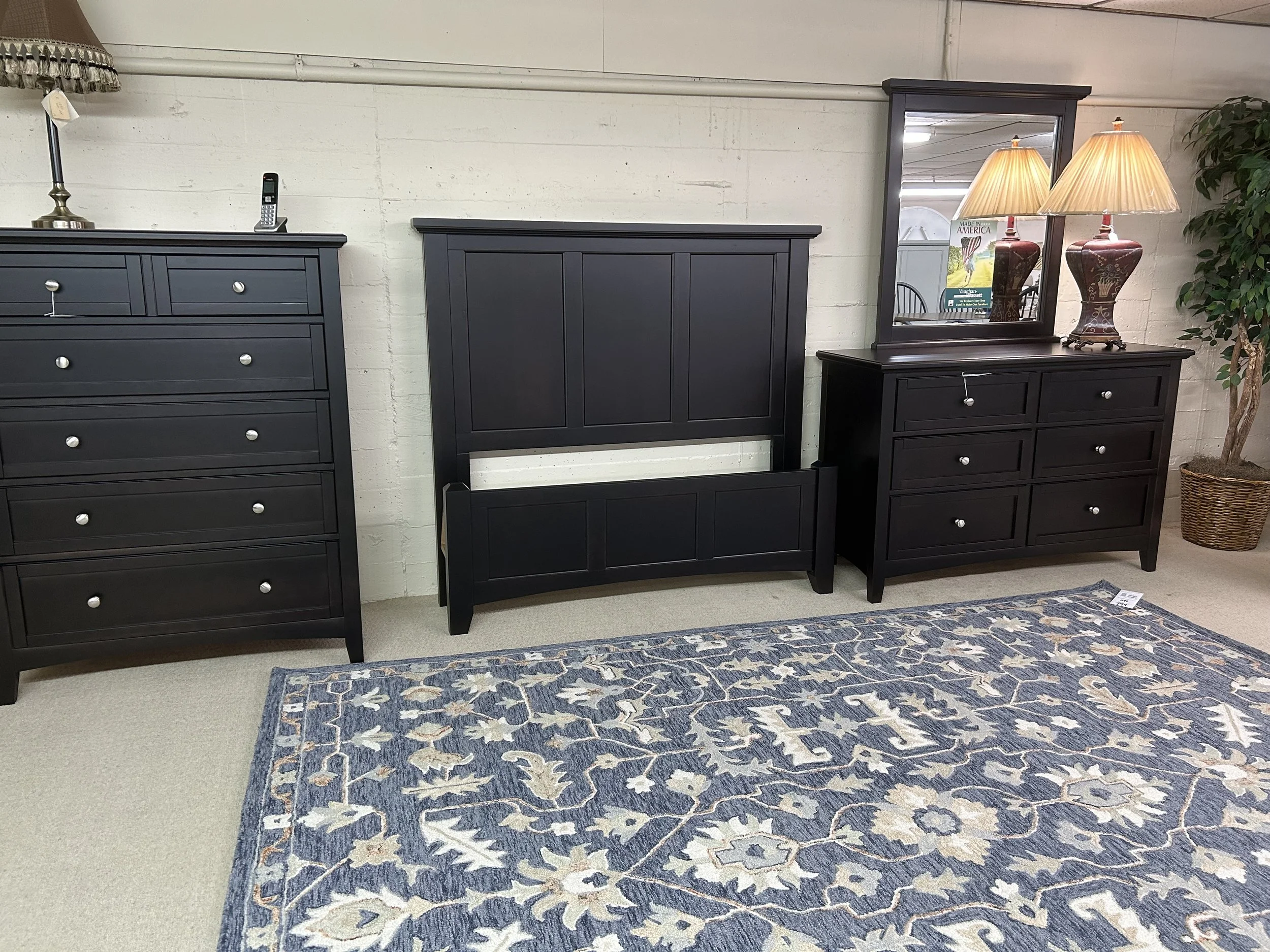 Vaughn Bassett dresser/mirror, mansion panel beds, chest and nightstand in Merlot dark brown stain