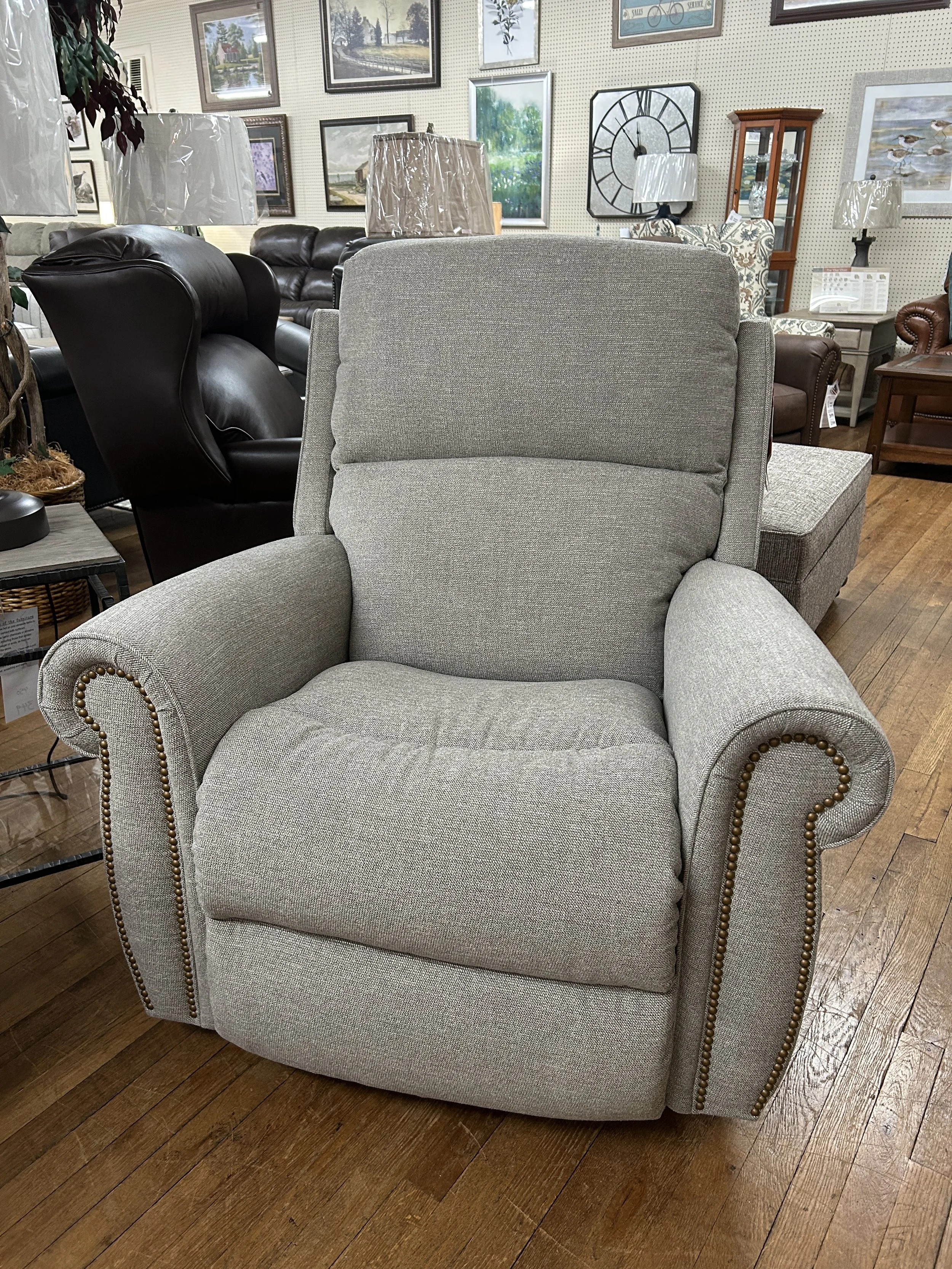 LaZBoy - Dutton rocker recliner in tan fabric with nailheads