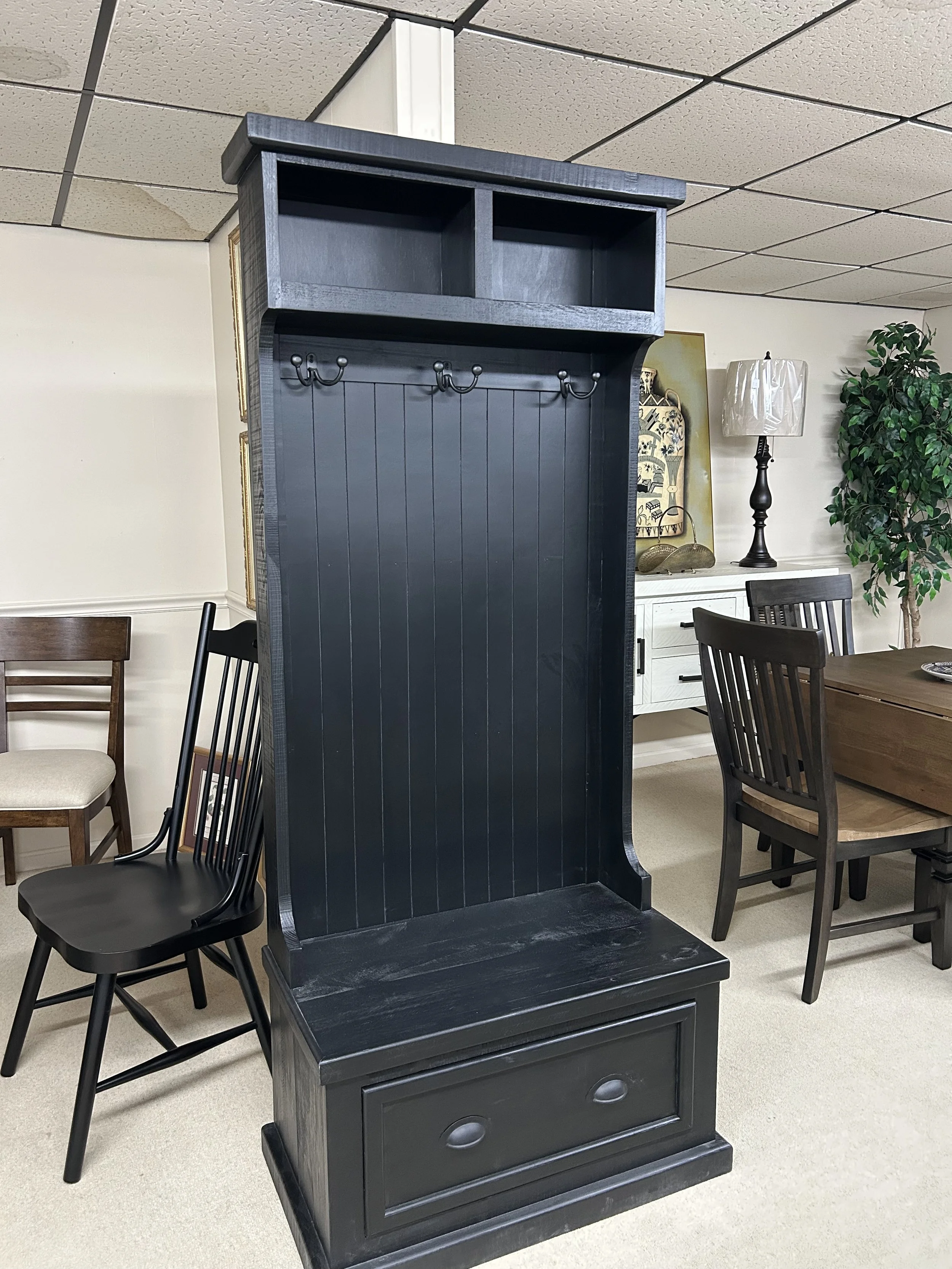 76" high solid wood hall tree in black finish by Million Dollar Rustic (H: 76" x W: 32" x D: 18")