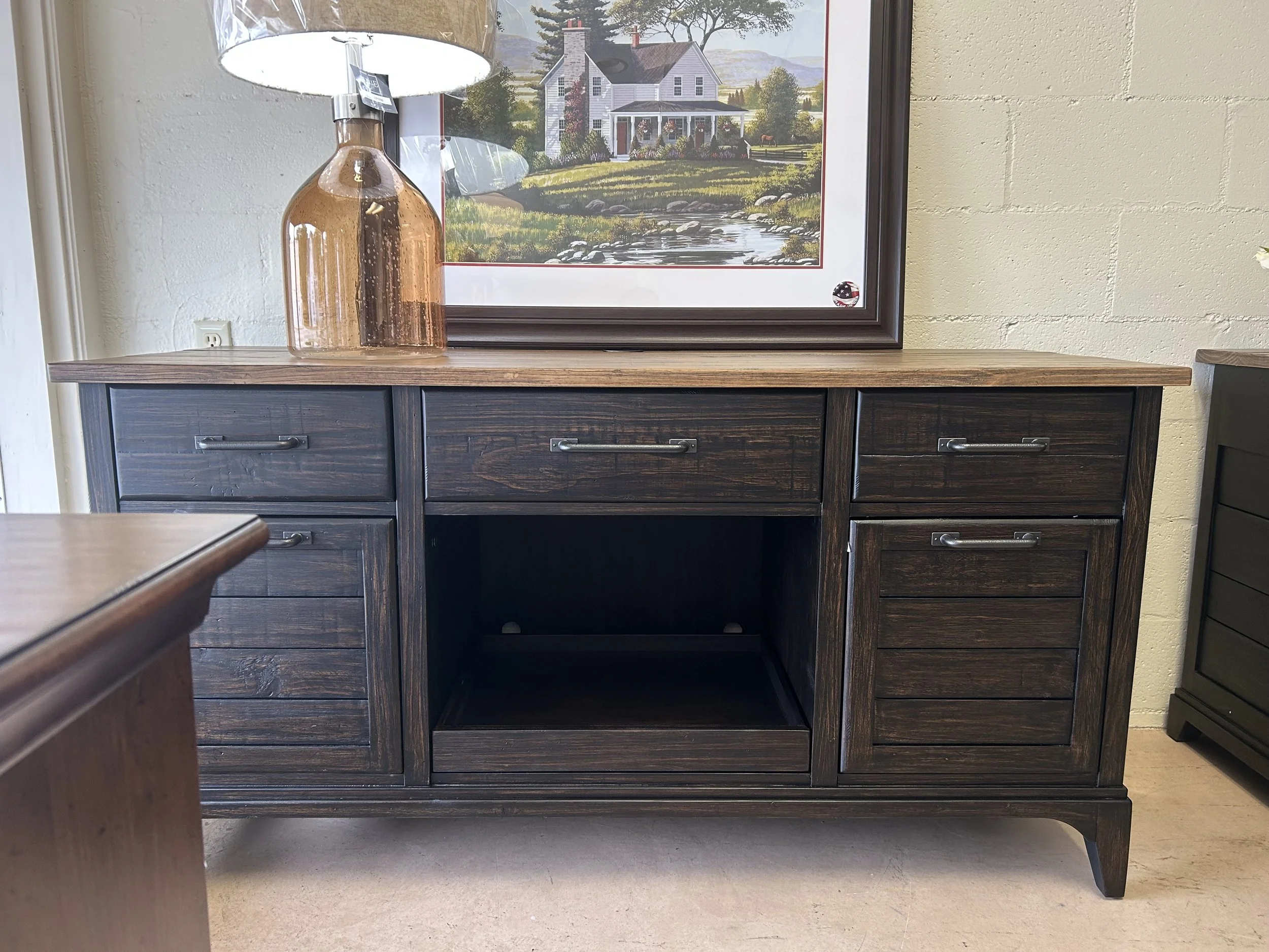 Kincaid - Plank Road farmstead credenza in charcoal and natural two-tone finish (W: 64“ x H: 35.5“ x D: 26“)