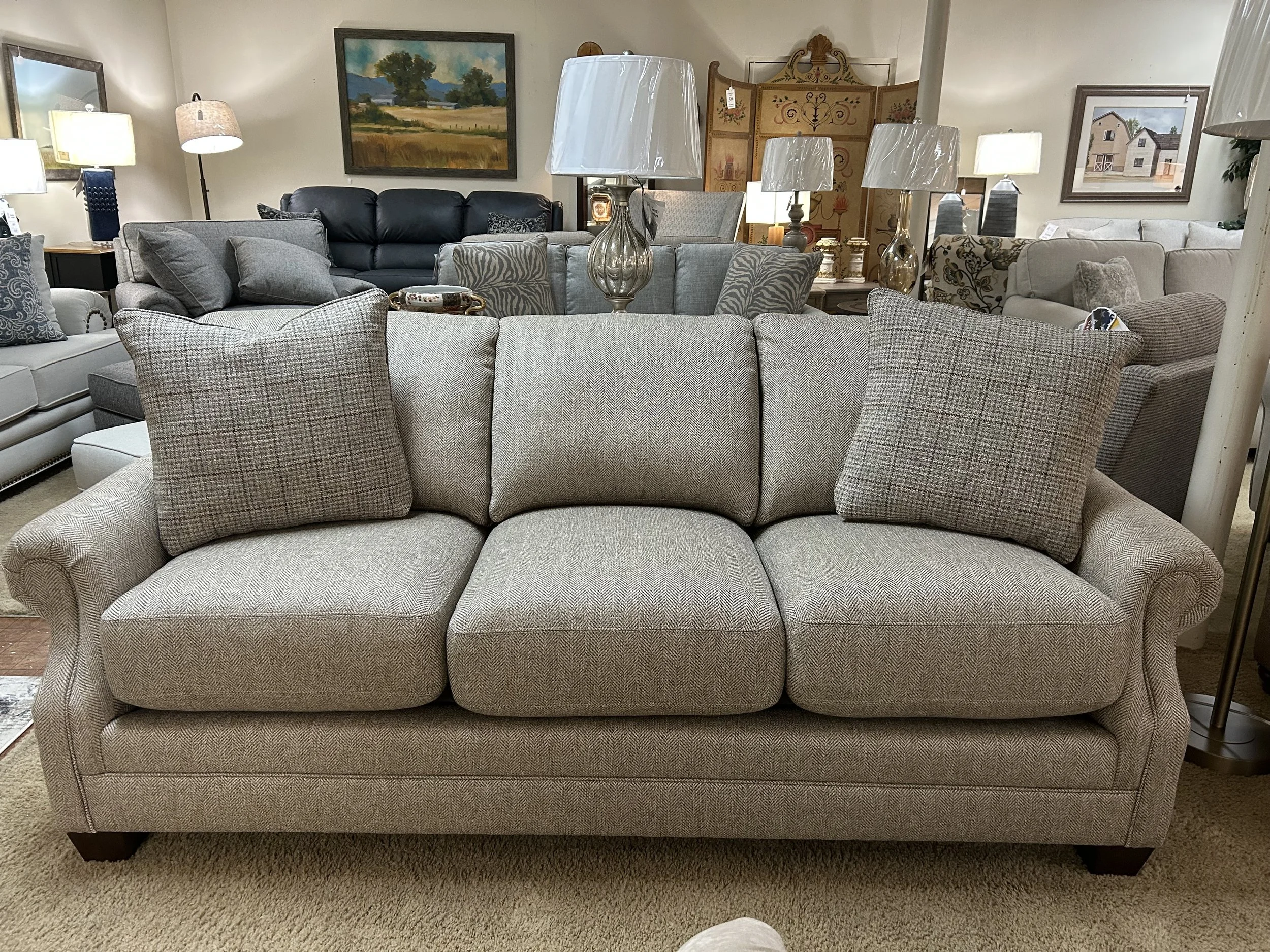 King Hickory - Jordan sofa with recessed arm and welt-less cushions in Albion Brindle performance fabric