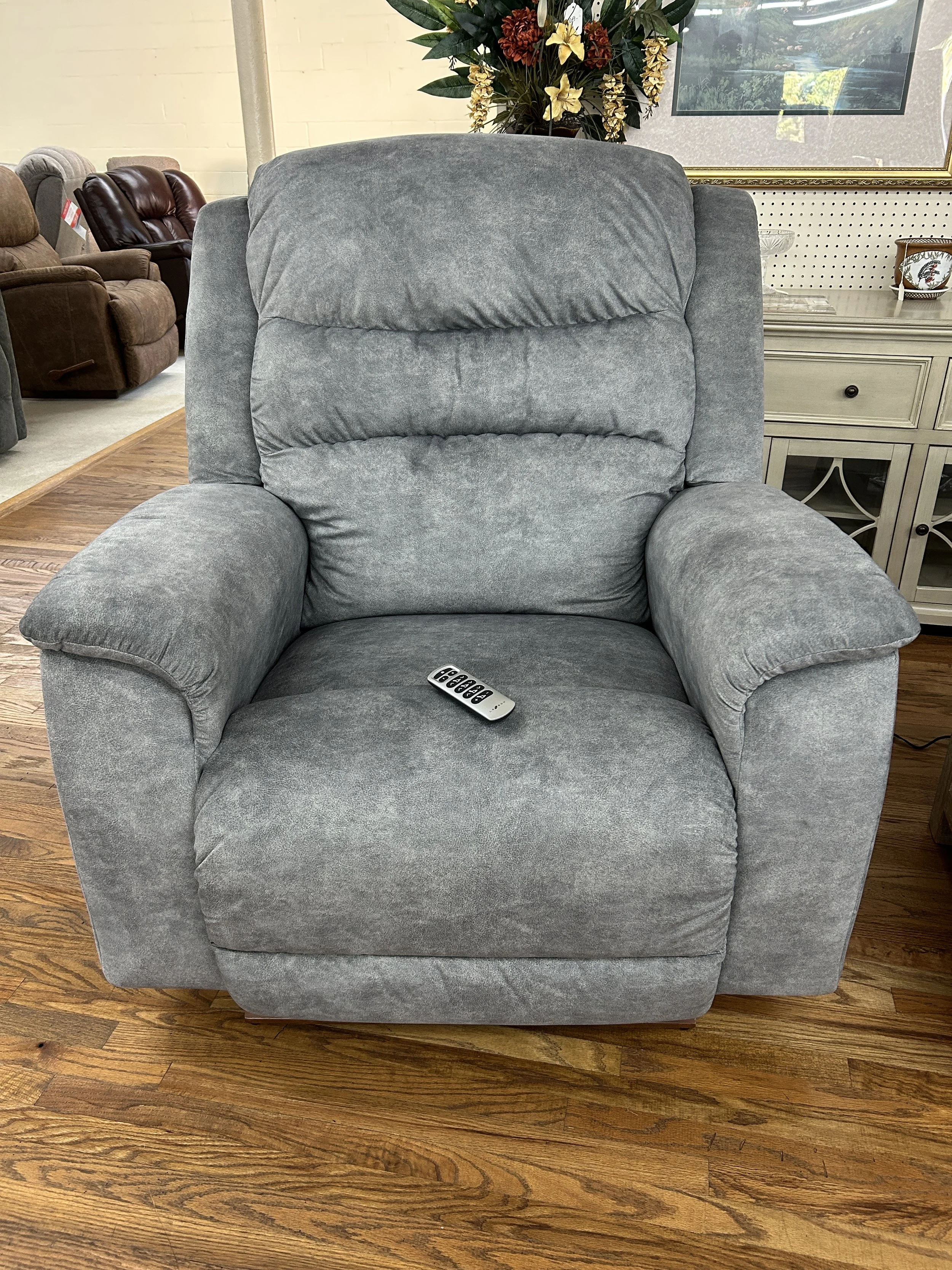 LaZBoy - power Redwood wall-away recliner with power headrest and lumbar in light blue performance fabric