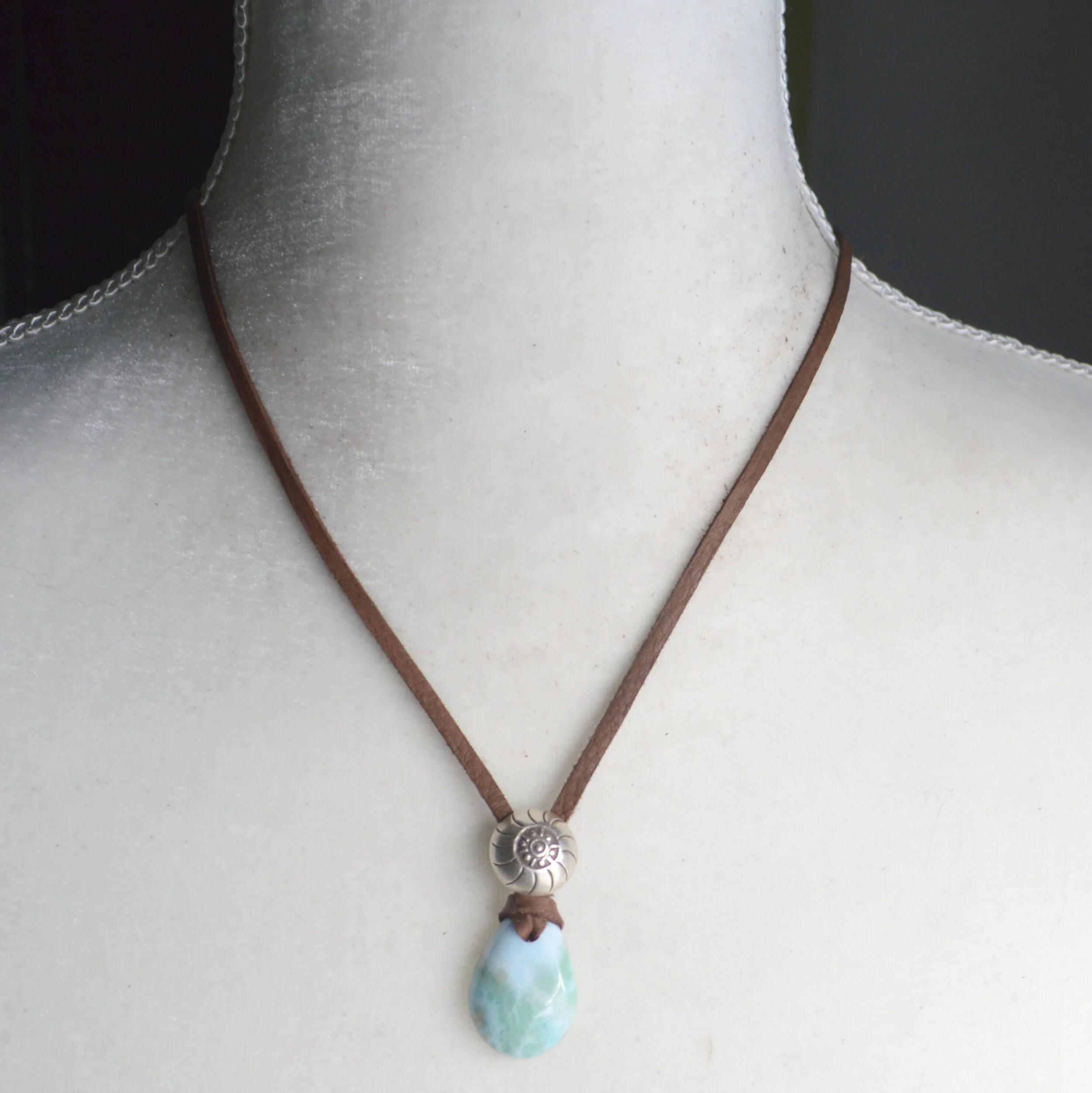 Larimar and Thai Silver Pendant Leather Necklace