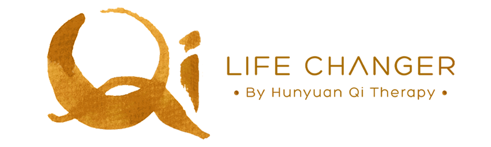 Logo with gold-colored Chinese character and text reading 'LIFE CHANGER by Hunyuan Qi Therapy' in gold and black.