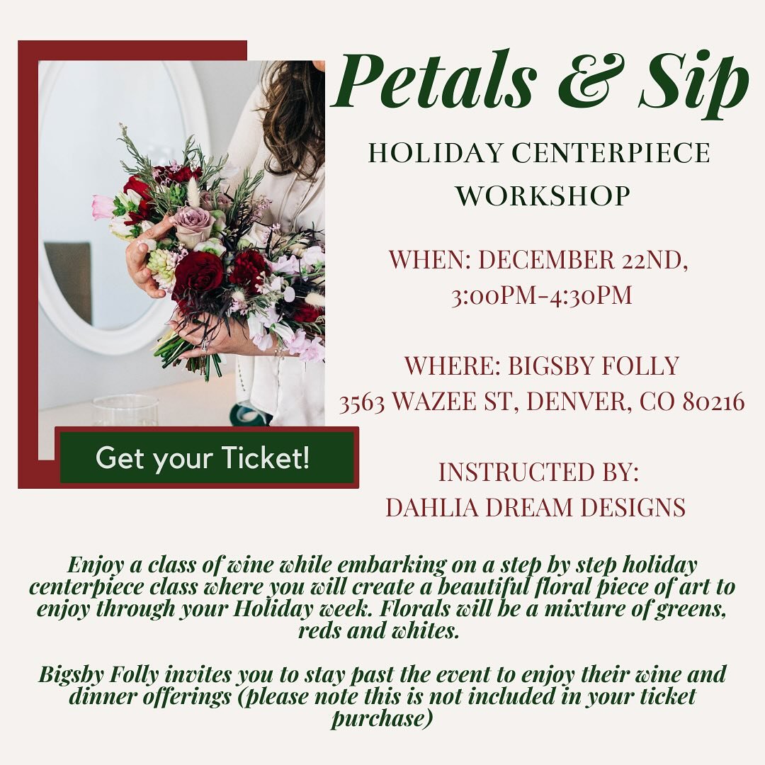 Our Petal and Sip Holiday workshop is now live! @dahliadreamdesigns and @bigsbysfolly are partnering up to bring you a little holiday cheer this December. 

Enjoy a class of wine while embarking on a step by step holiday centerbiece class where vou w
