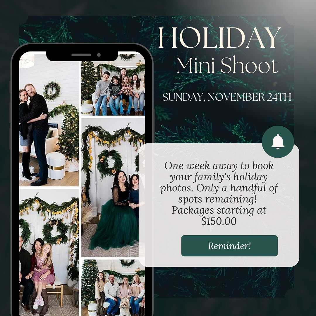 Holiday minis shoots are one week away. Secure your spot before it&rsquo;s too late. Packages starting at $150. Reservation link in the comments. Can&rsquo;t wait to see you there