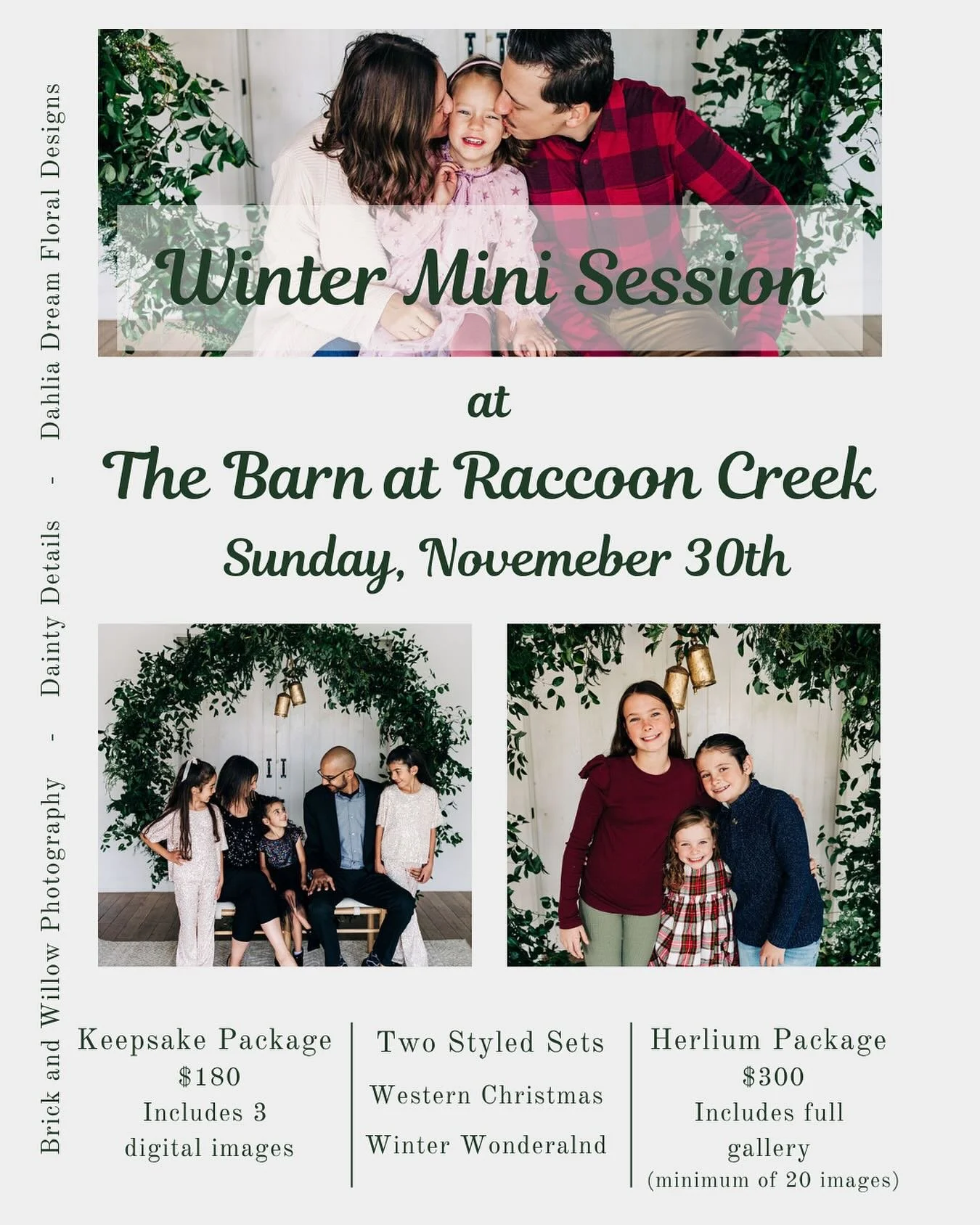 ✨Winter Minis are HERE!✨

Join us at The Barn at Raccoon Creek for this year&rsquo;s
Winter Mini Sessions &mdash; featuring two dreamy styled
sets:
🤠 Western Christmas
❄️ Winter Wonderland

Spaces are limited for Sunday, November 30th, so
snag your 