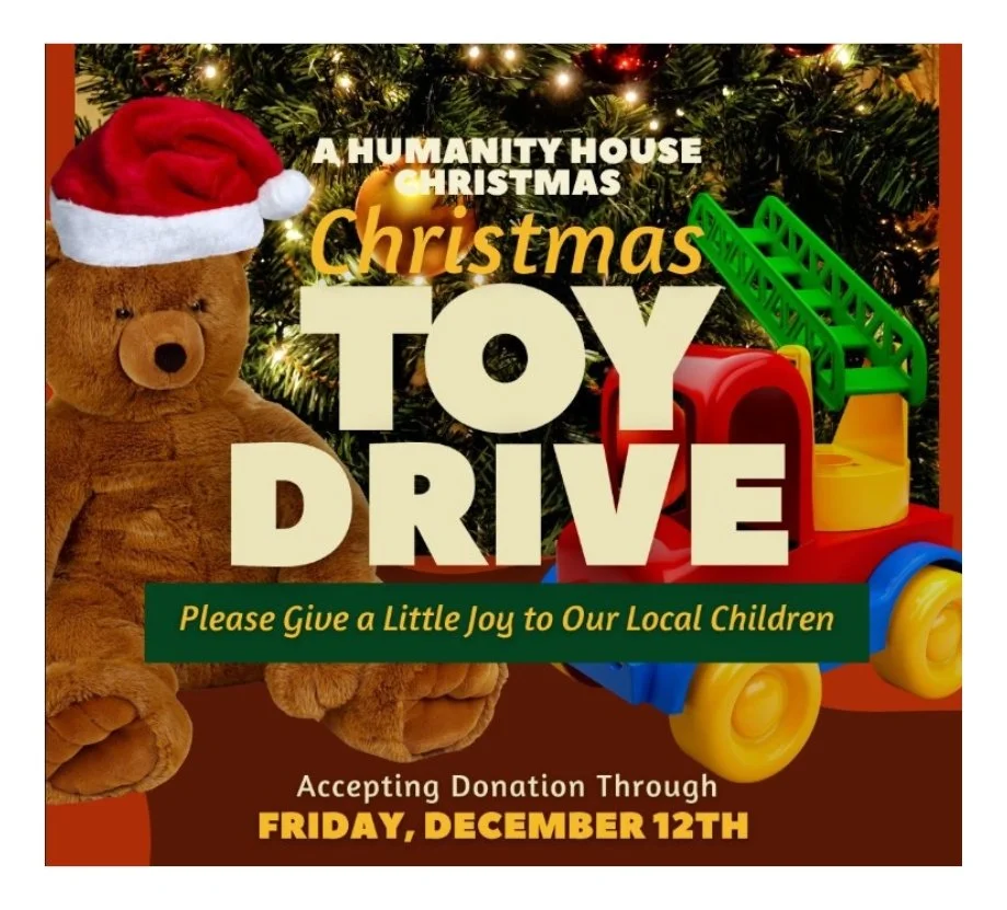 A Christmas toy drive poster featuring a teddy bear with a Santa hat and colorful child's toy train, with Christmas trees in the background and text about donation details.
