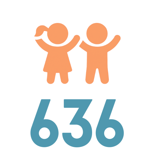 Illustration of two children, a girl with pigtails and a boy, holding hands above the number 636.