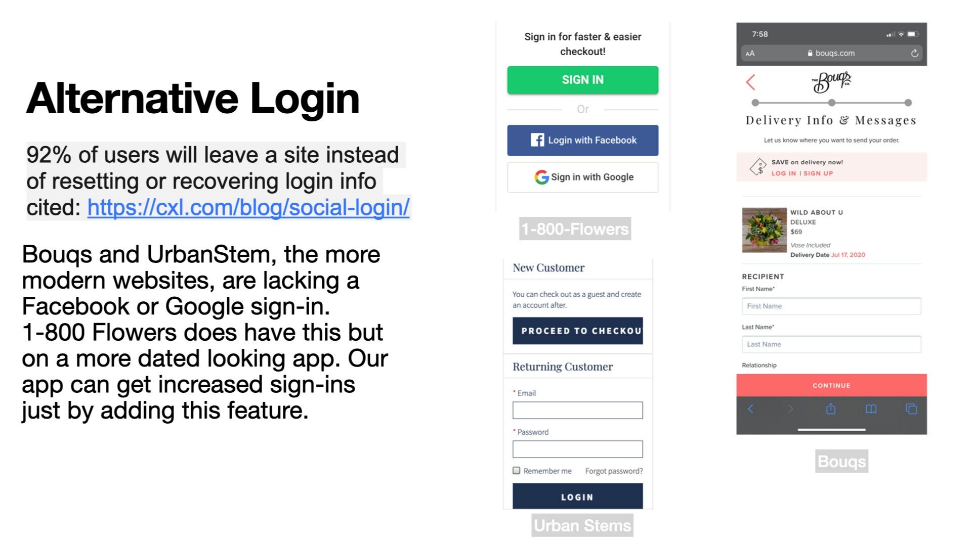 A collage of three screenshots of login pages for different websites, with a text block explaining the importance of alternative login options and the advantages of using apps with social media sign-in features.