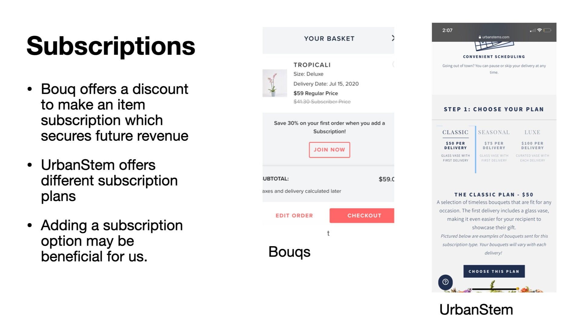 Slide presentation page with a white background titled "Subscriptions" and bullet points explaining Bouq's discount subscription model and UrbanStem's subscription plans, including images of app screens showing bouquet options, prices, and delivery o