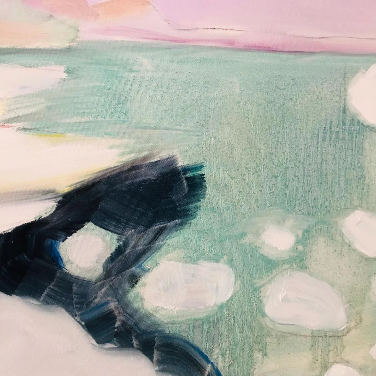 New things! I&rsquo;m using black straight from the tube. This happens so rarely. Mostly I mix ultramarine and burnt sienna. This is black on top of the turquoise under painting (cobalt plus viridian and white), plus some dabs of Prussian blue. 
I&rs