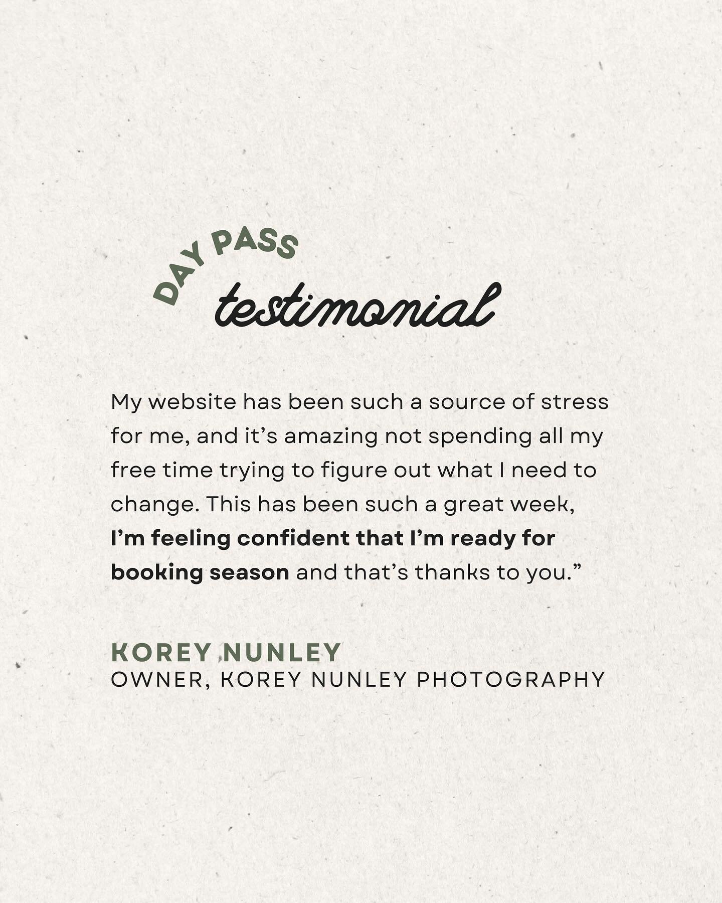 Day Pass is great for DIYers like Korey because they provide lightning-fast clarity and a checklist of turnkey tasks to help you turn up the heat on your website copy. 🔥

In just 8 hours, I rewrote almost the entirety of Korey&rsquo;s website copy, 