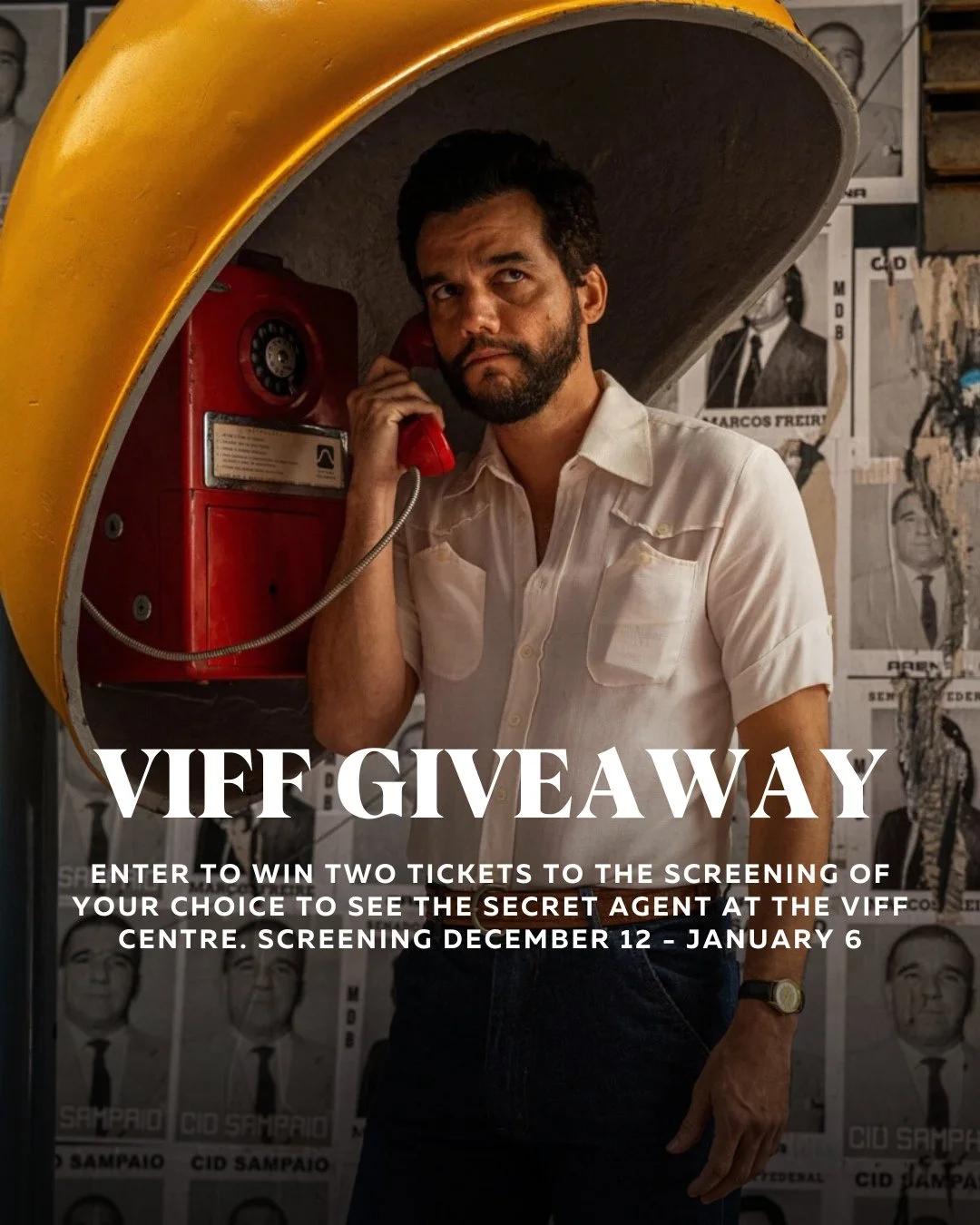 GIVEAWAY⁠
⁠
Enter to win two tickets to the screening of your choice to see The Secret Agent at the VIFF Centre. Screening December 12 through January 6. ⁠
⁠
The Secret Agent serves notice that Kleber Mendon&ccedil;a Filho (Bacurau) is now undisputed