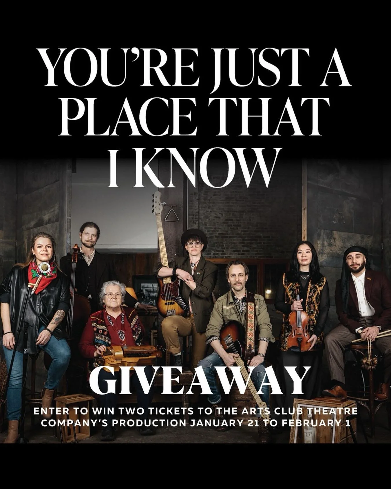 GIVEAWAY 

Enter to win two tickets to the Arts Club Theatre Company Production of YOU&rsquo;RE JUST A PLACE THAT I KNOW! 🎵🎸

Conceived by JUNO-nominated singer-songwriter Adrian Glynn McMorran, YOU&rsquo;RE JUST A PLACE THAT I KNOW is a remarkable
