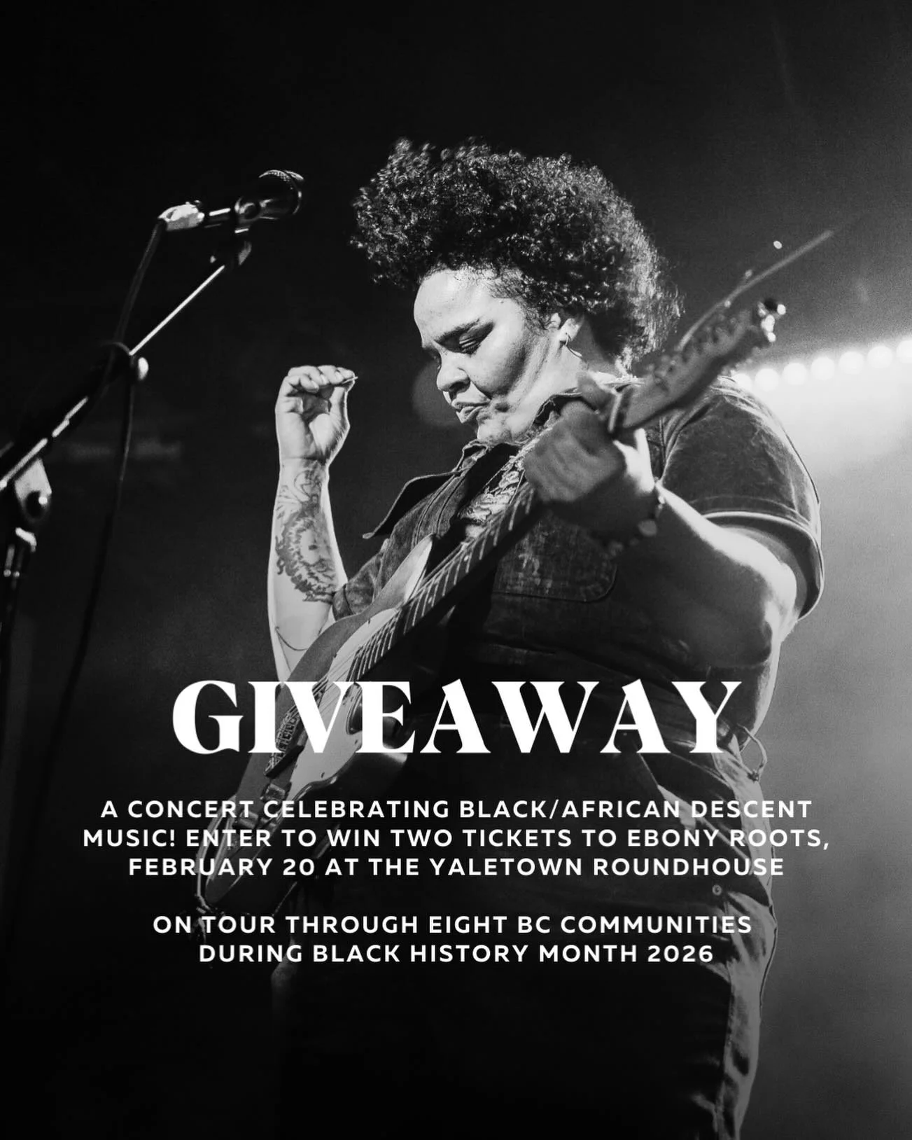 GIVEAWAY

EBONY ROOTS is a powerful concert celebration of music from the African Descent/Black experience&mdash;tracing a 300-year journey from work songs and spirituals to the rise of Soul, R&amp;B, Blues, and Motown.

EBONY ROOTS is touring eight 