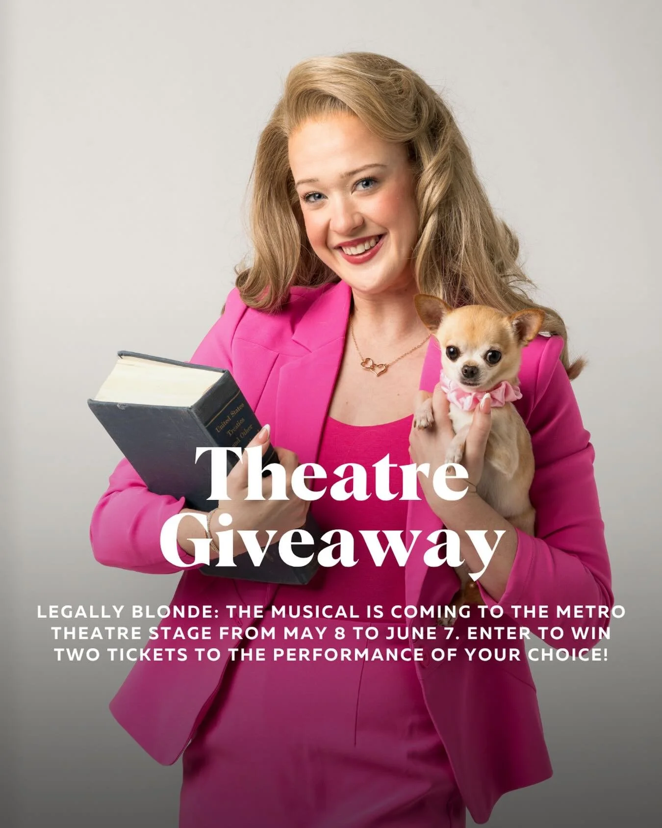 GIVEAWAY

Legally Blonde: The Musical is coming to the @metrotheatre stage from May 8 to June 7.

When Elle Woods&mdash;fashionable, charismatic, and not one to take no for an answer&mdash;is unexpectedly dumped by her boyfriend Warner, she does the 
