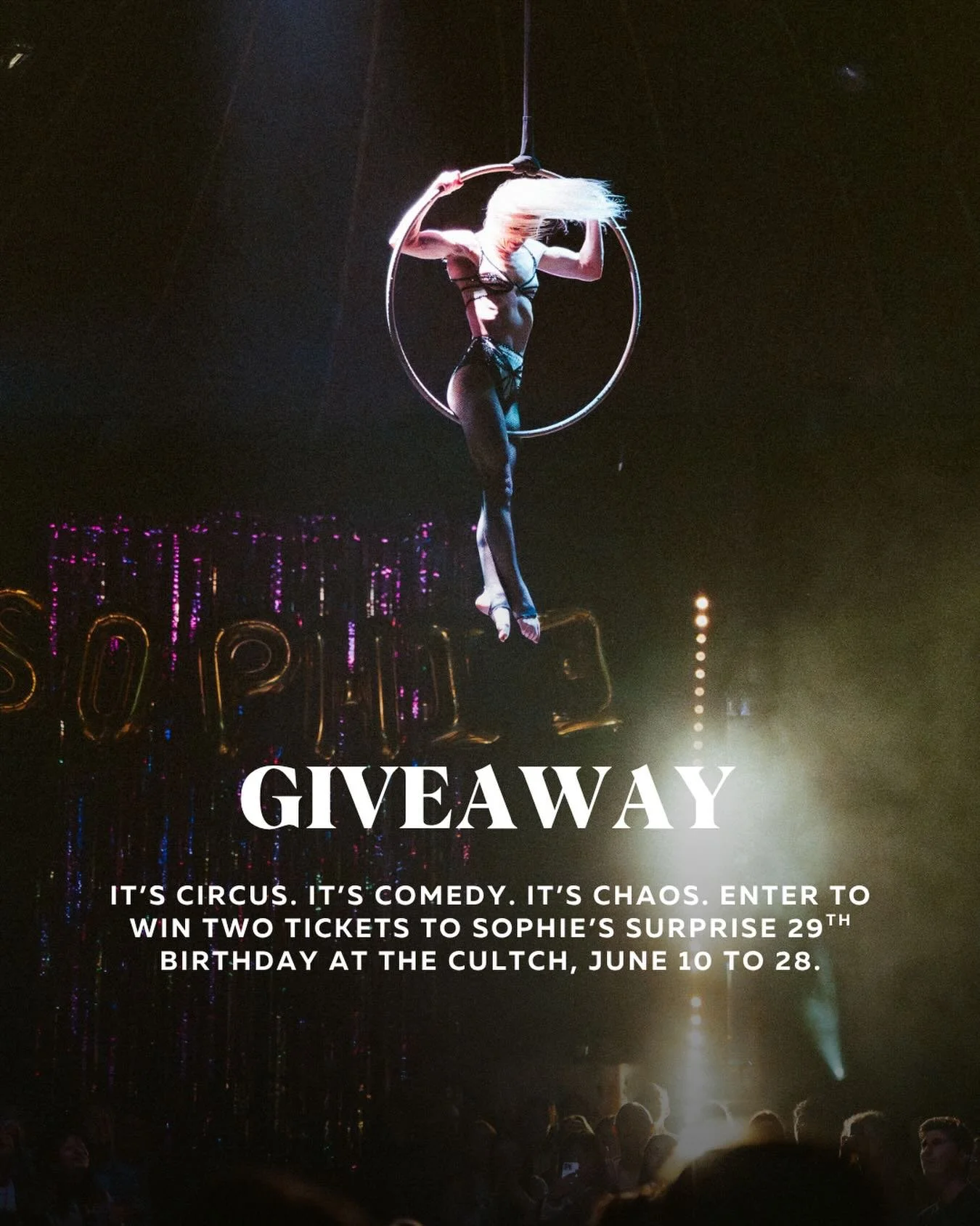 GIVEAWAY! 

Win 2 tickets to circus show Sophie&rsquo;s Surprise 29th and $100 gift card to Absinthe Bistro on Commercial Drive. 

It&rsquo;s circus. It&rsquo;s comedy. It&rsquo;s chaos. It&rsquo;s Sophie&rsquo;s 29th birthday party and you&rsquo;re 