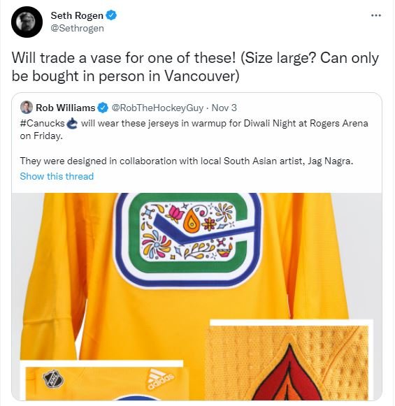 Seth Rogen really wants a Canucks' Diwali Night jersey & is offering a  trade for one