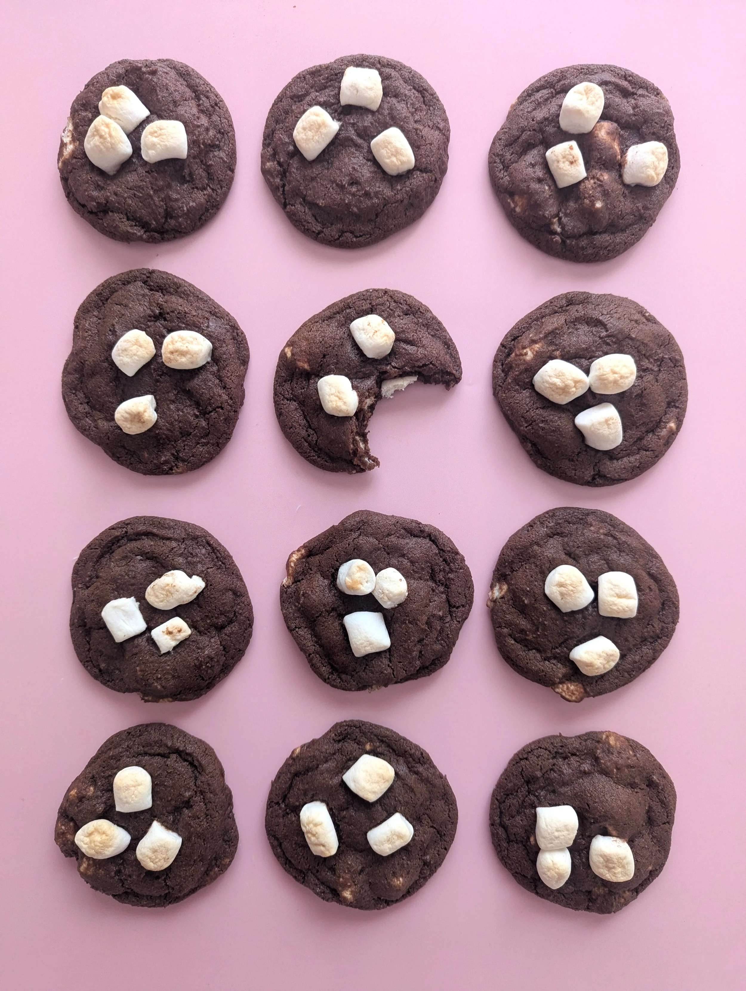 hot chocolate cookies sit in a grid pattern on a pink background. One cookie has a bite taken out of it.