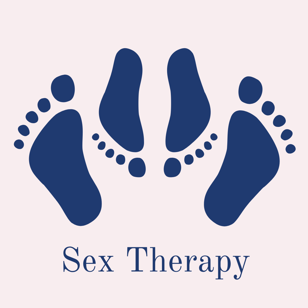 Two sets of feet, a larger pair on the outside and a smaller pair facing down on the inside with the words sex therapy underneath