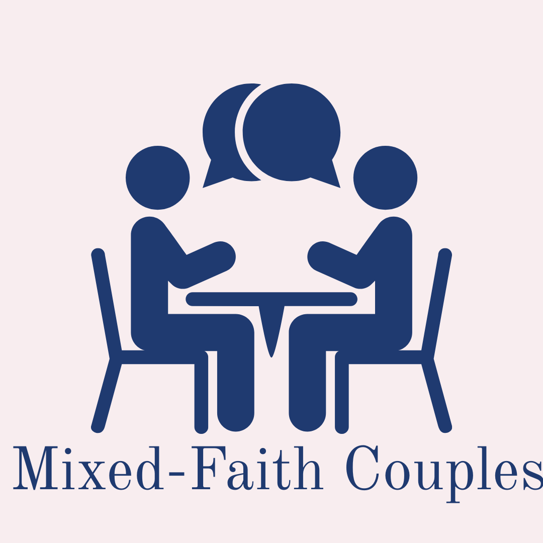 Two stick figures sitting across a table facing each other with a dialogue bubble between them and the words, Mixed Faith Marriage underneath