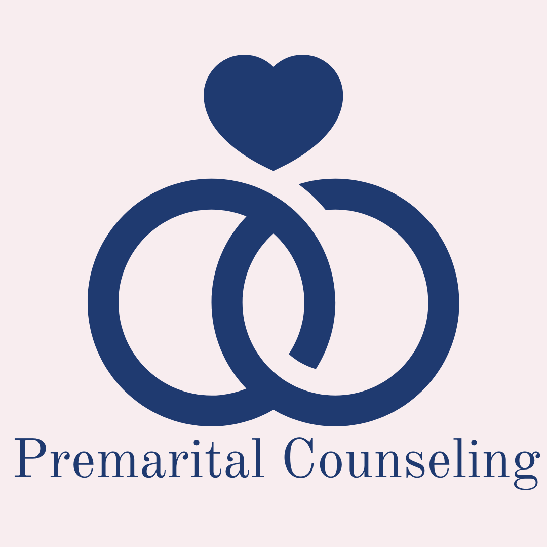 Two interconnected circles with a heart over the top with the words, premarital counseling underneath